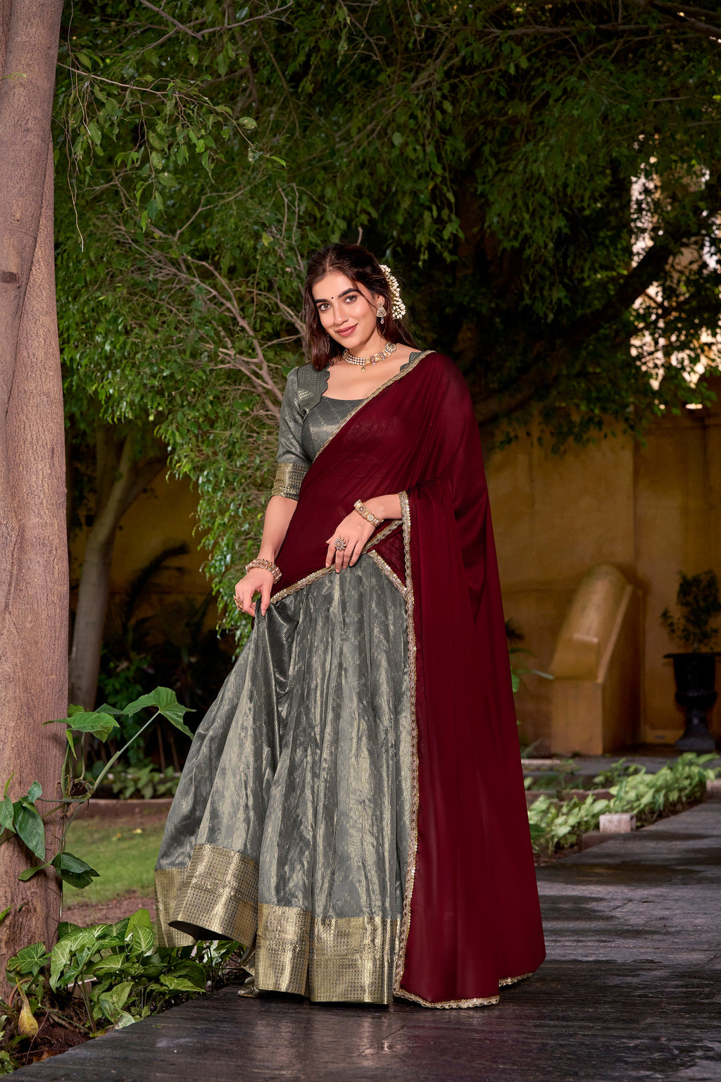 Suvarna grey dupion silk half saree lehenga with zari weaving work