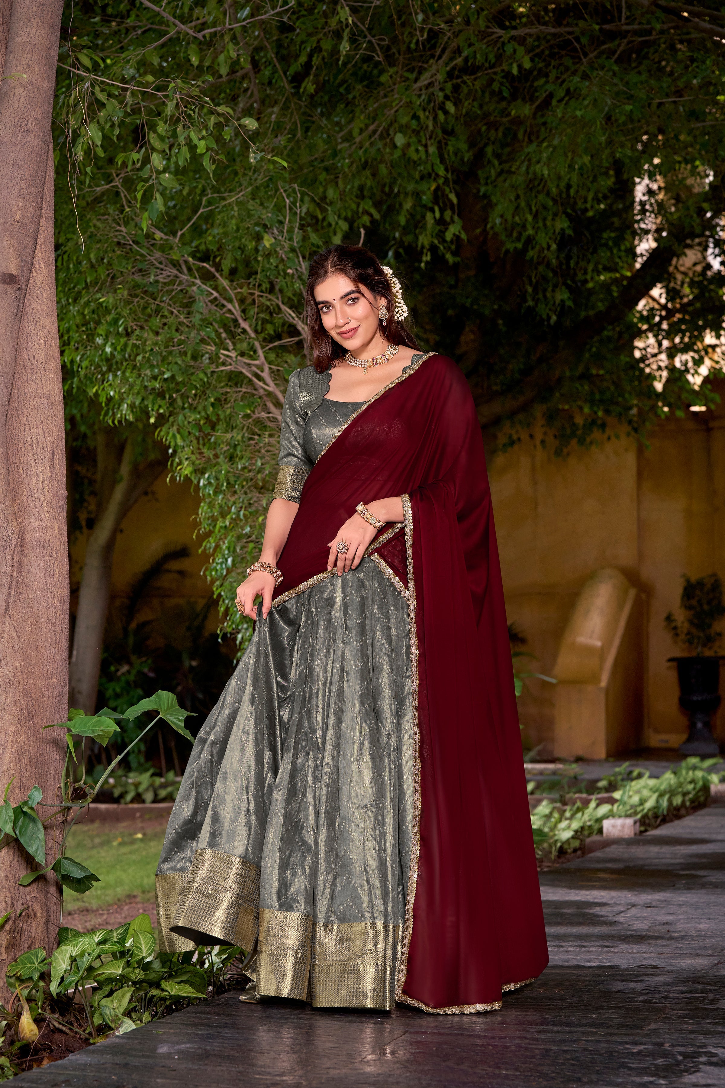 Suvarna grey dupion silk half saree lehenga with zari weaving work