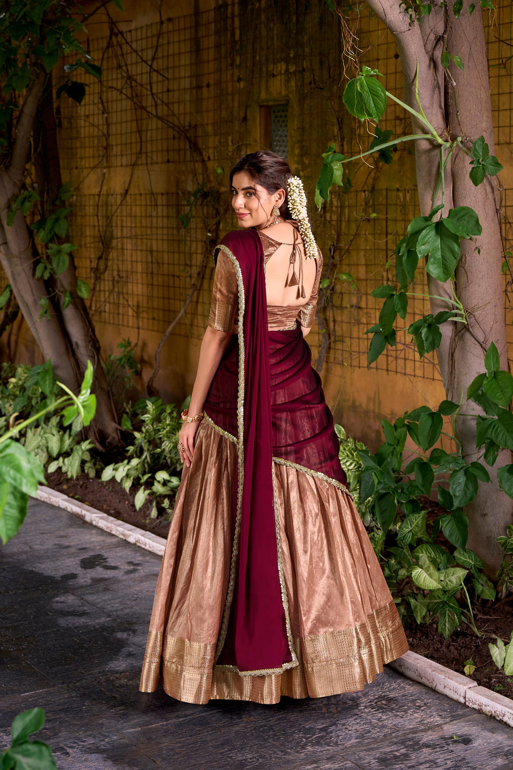 Suvarna peach dupion silk half saree lehenga with zari weaving work