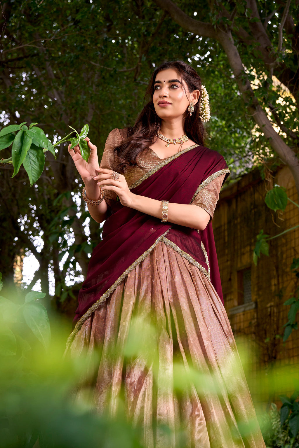 Suvarna peach dupion silk half saree lehenga with zari weaving work