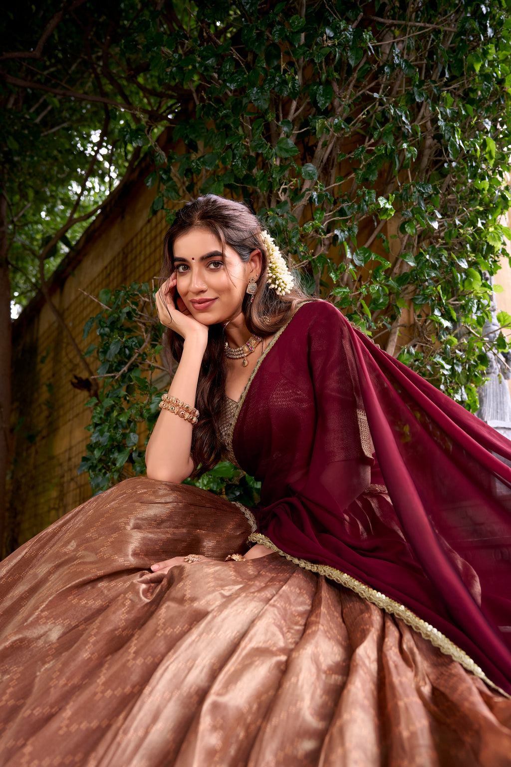Suvarna peach dupion silk half saree lehenga with zari weaving work