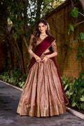 Suvarna peach dupion silk half saree lehenga with zari weaving work