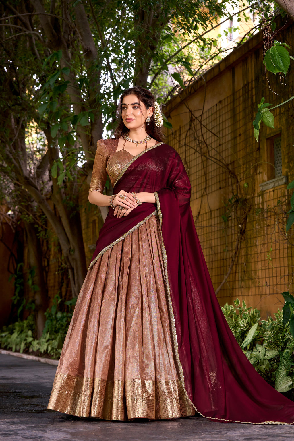 Suvarna peach dupion silk half saree lehenga with zari weaving work
