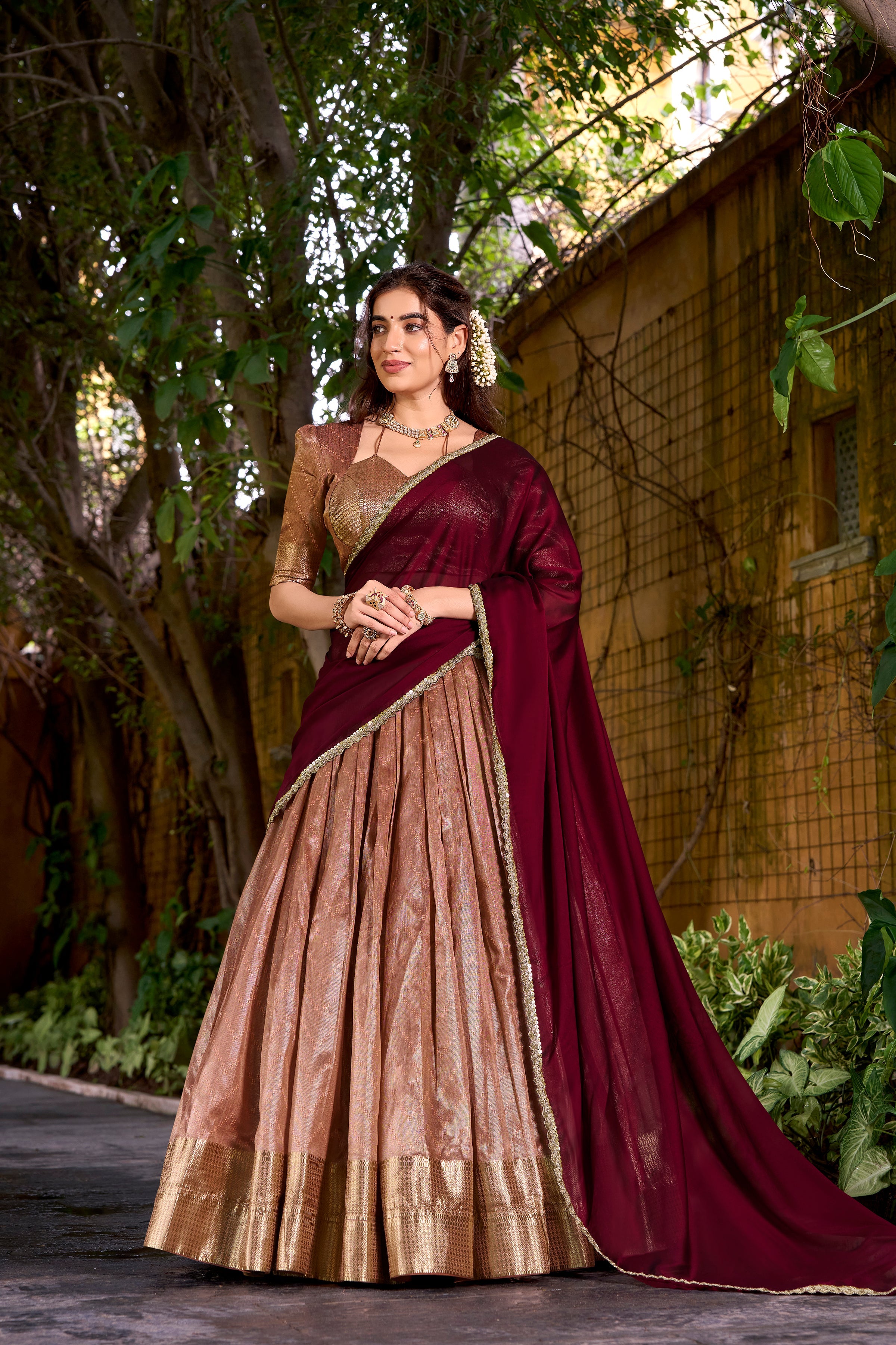 Suvarna peach dupion silk half saree lehenga with zari weaving work