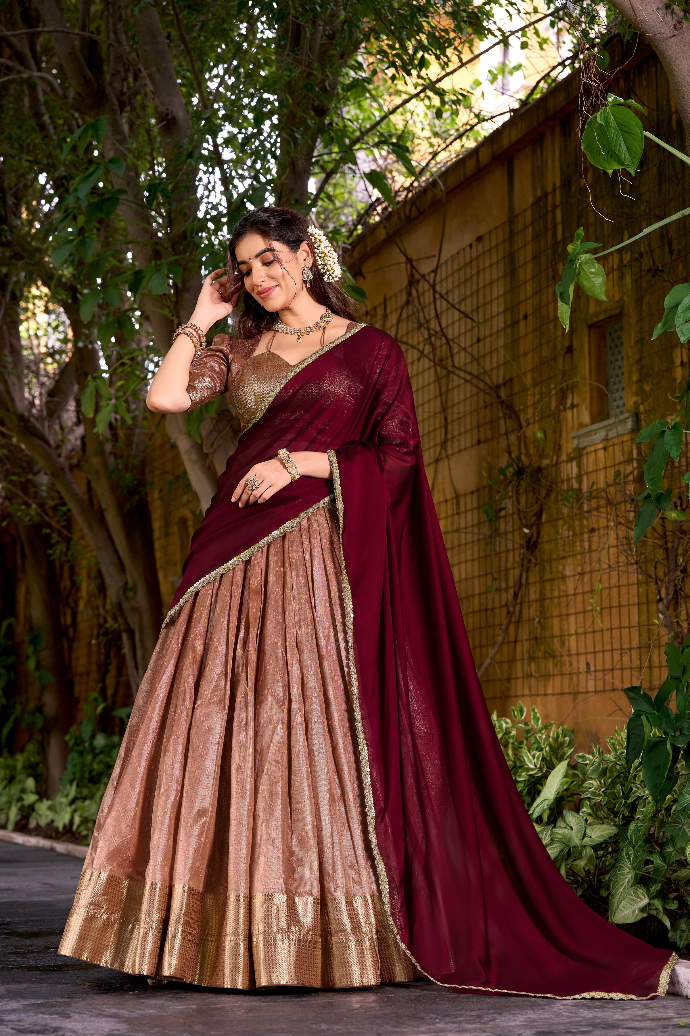 Suvarna peach dupion silk half saree lehenga with zari weaving work