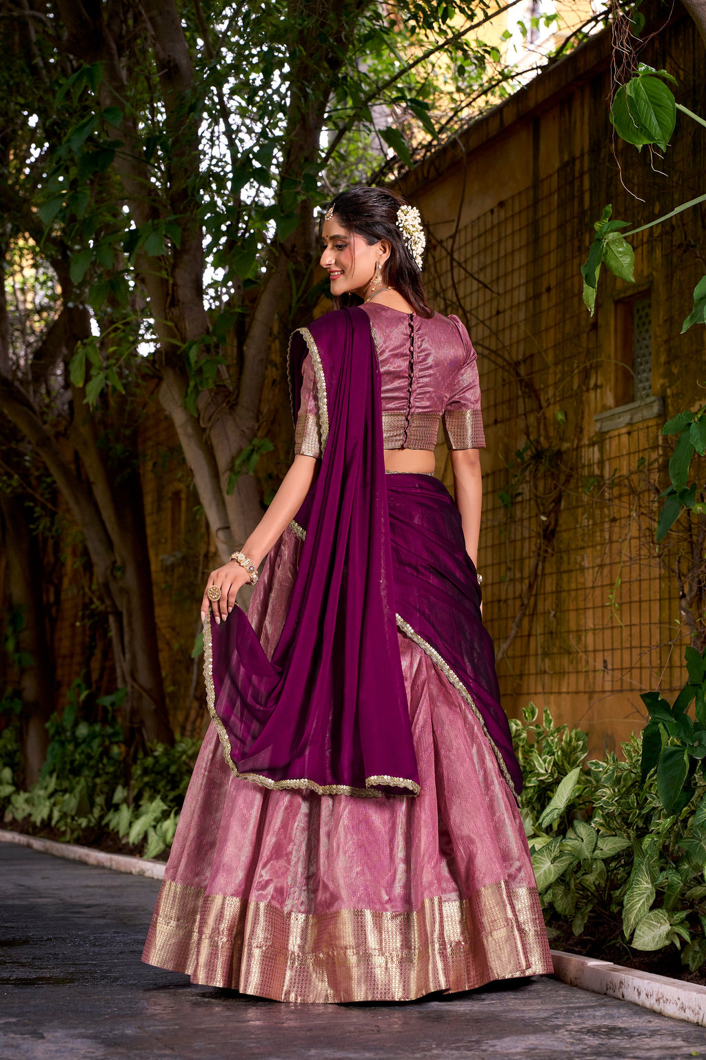 Suvarna pink dupion silk half saree lehenga with zari weaving work