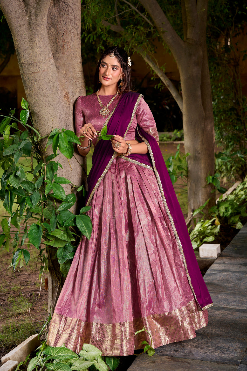 Suvarna pink dupion silk half saree lehenga with zari weaving work