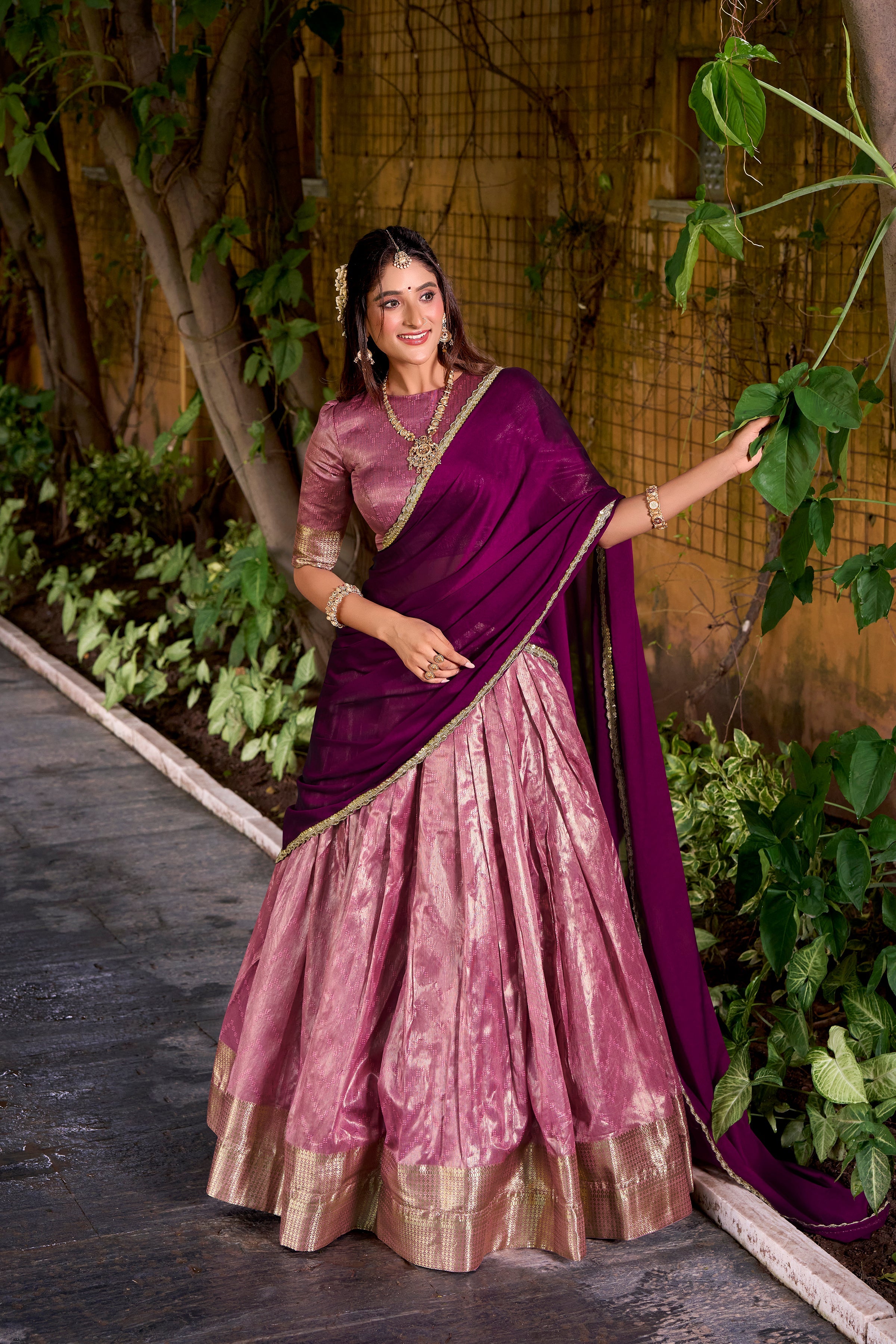 Suvarna pink dupion silk half saree lehenga with zari weaving work