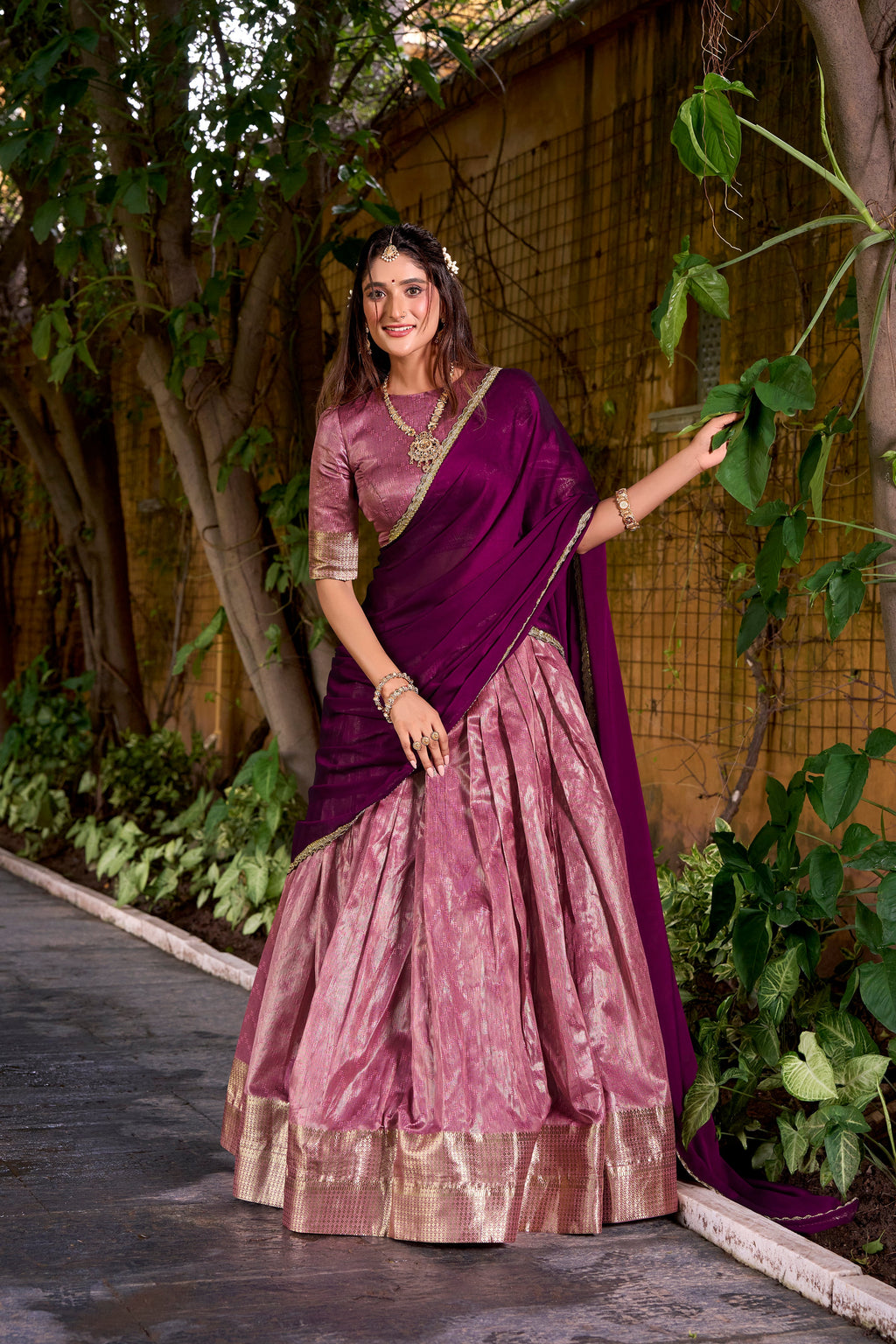 Suvarna pink dupion silk half saree lehenga with zari weaving work