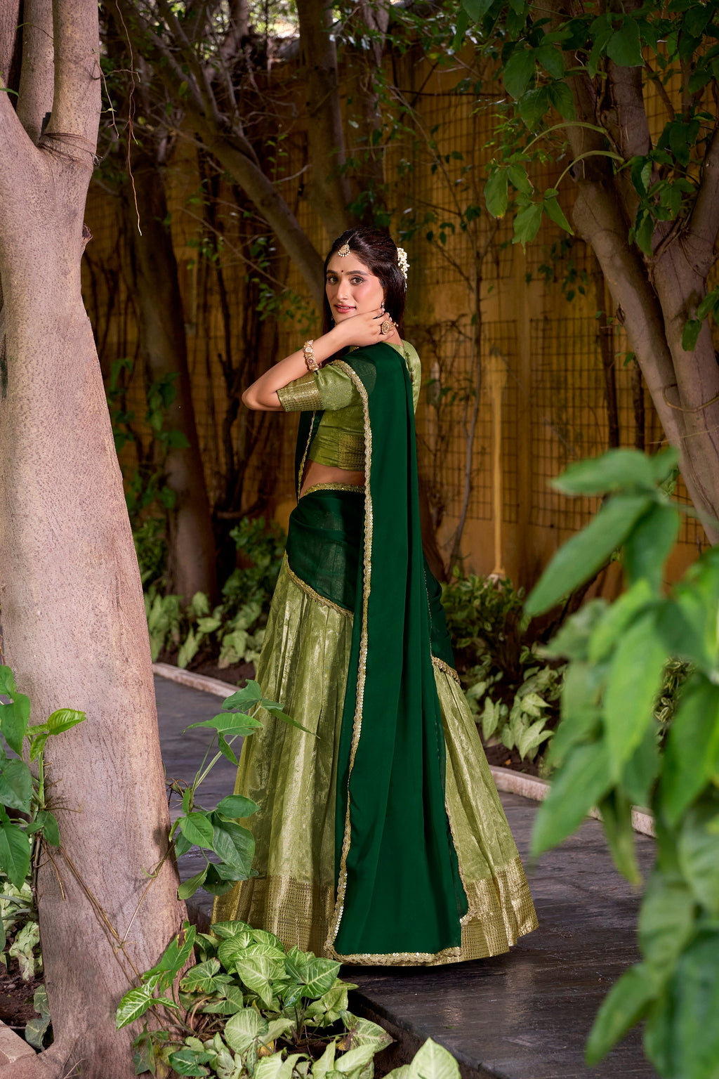 Suvarna pista green dupion silk half saree lehenga with zari weaving work
