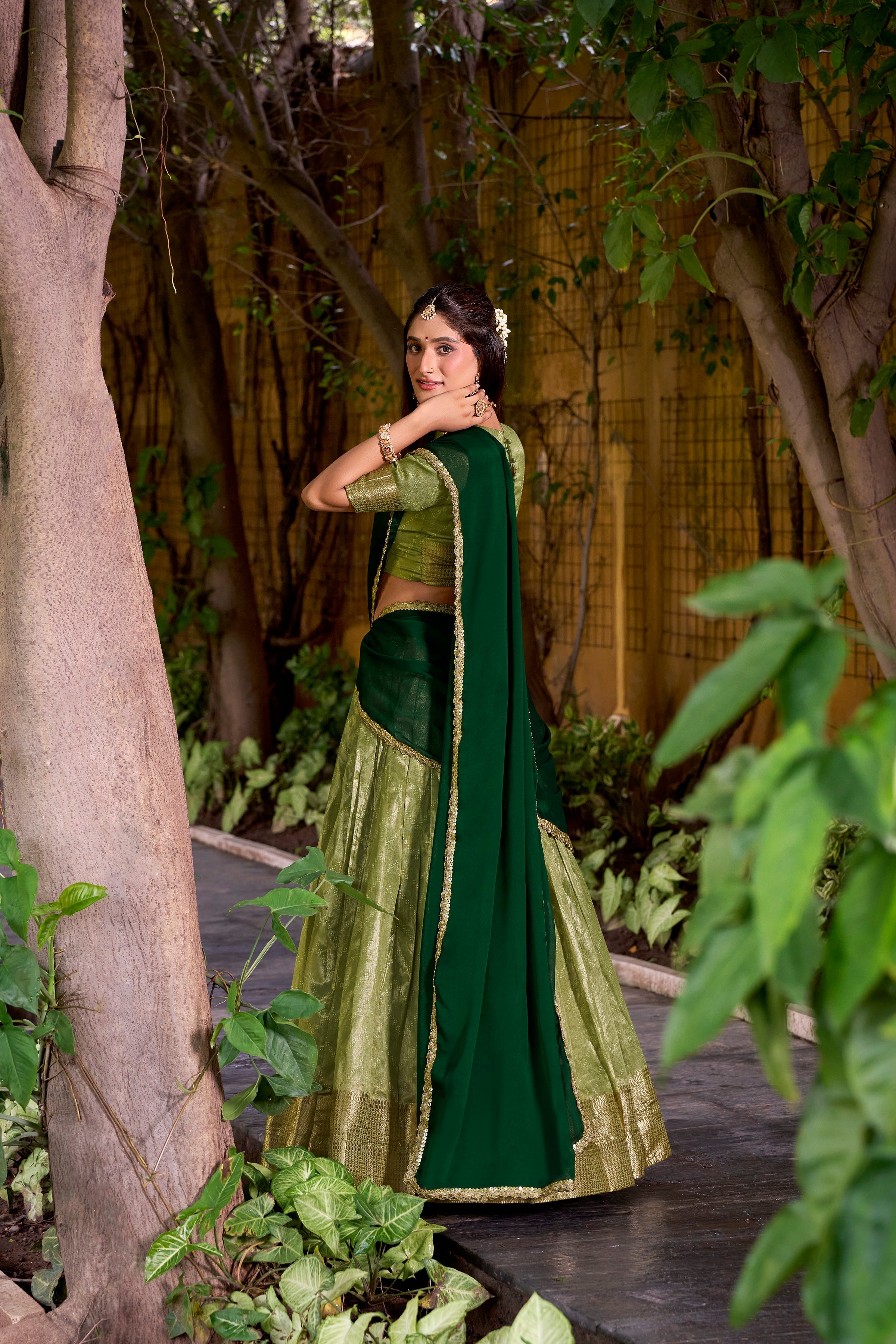 Suvarna pista green dupion silk half saree lehenga with zari weaving work