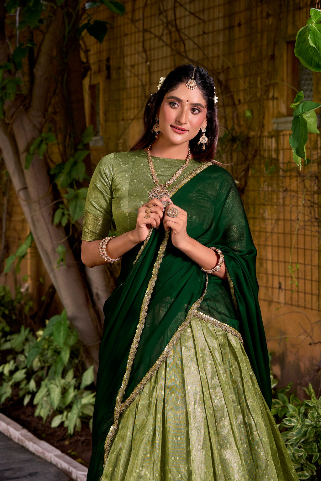 Suvarna pista green dupion silk half saree lehenga with zari weaving work
