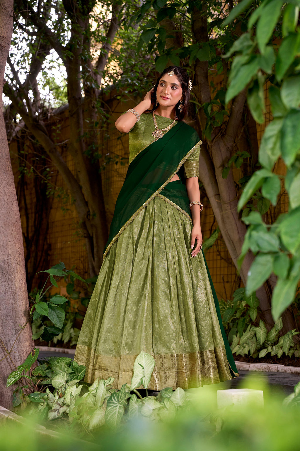 Suvarna pista green dupion silk half saree lehenga with zari weaving work
