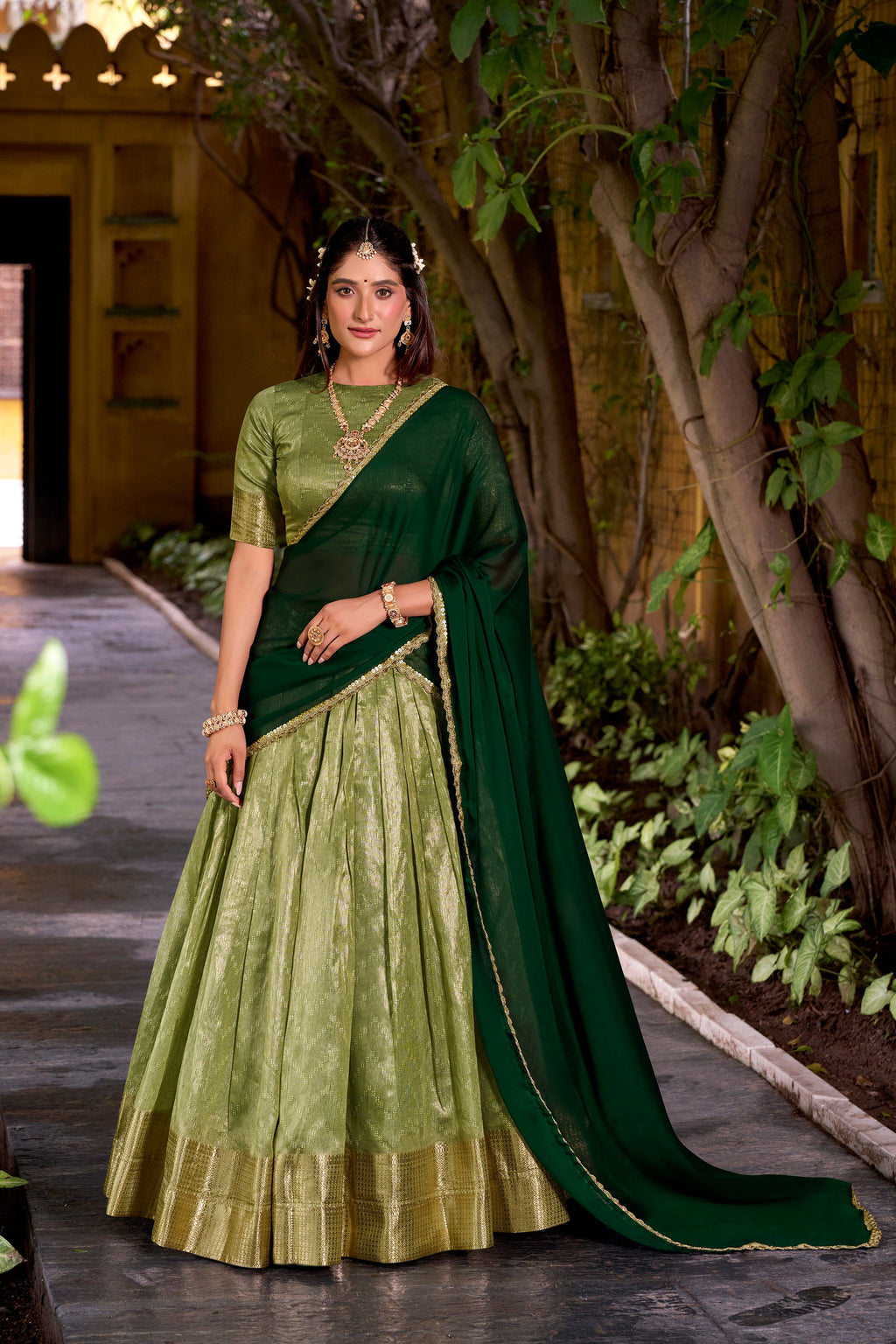 Suvarna pista green dupion silk half saree lehenga with zari weaving work
