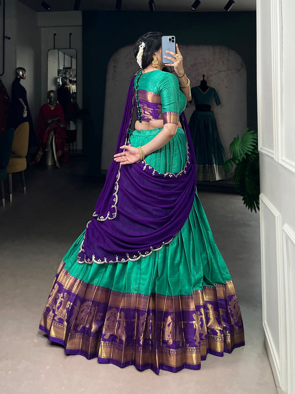 Niya sea green poly cotton half saree lehenga with zari weaving