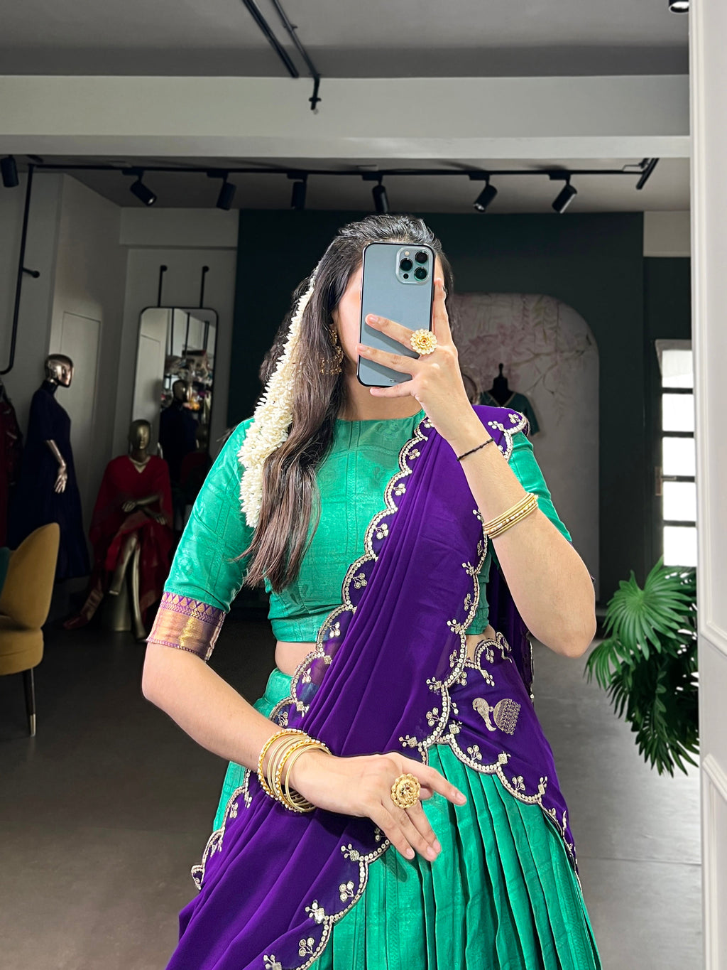 Niya sea green poly cotton half saree lehenga with zari weaving