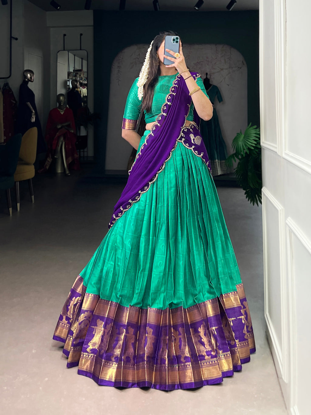 Niya sea green poly cotton half saree lehenga with zari weaving