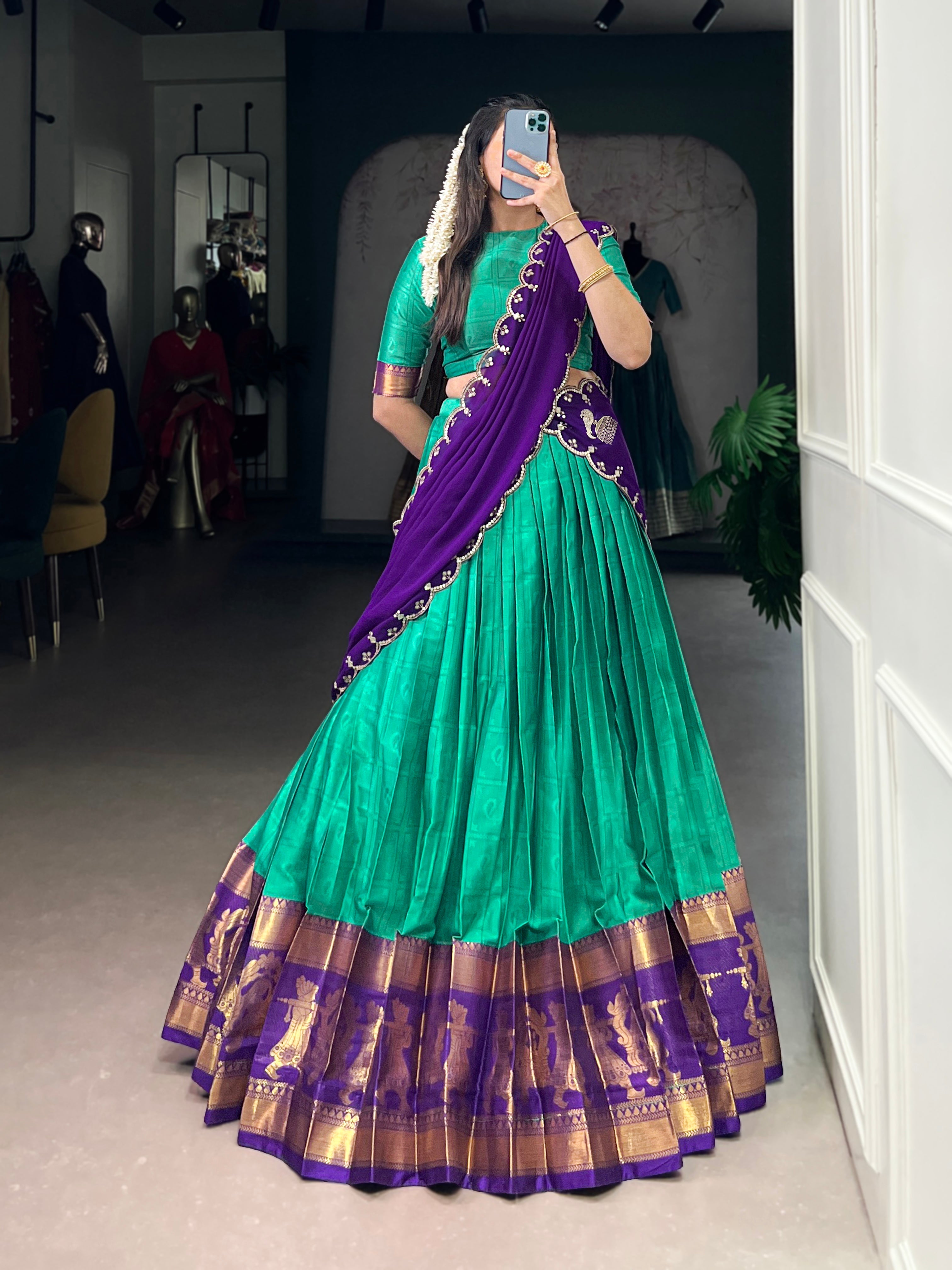 Niya sea green poly cotton half saree lehenga with zari weaving