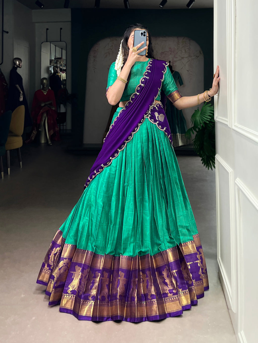 Niya sea green poly cotton half saree lehenga with zari weaving