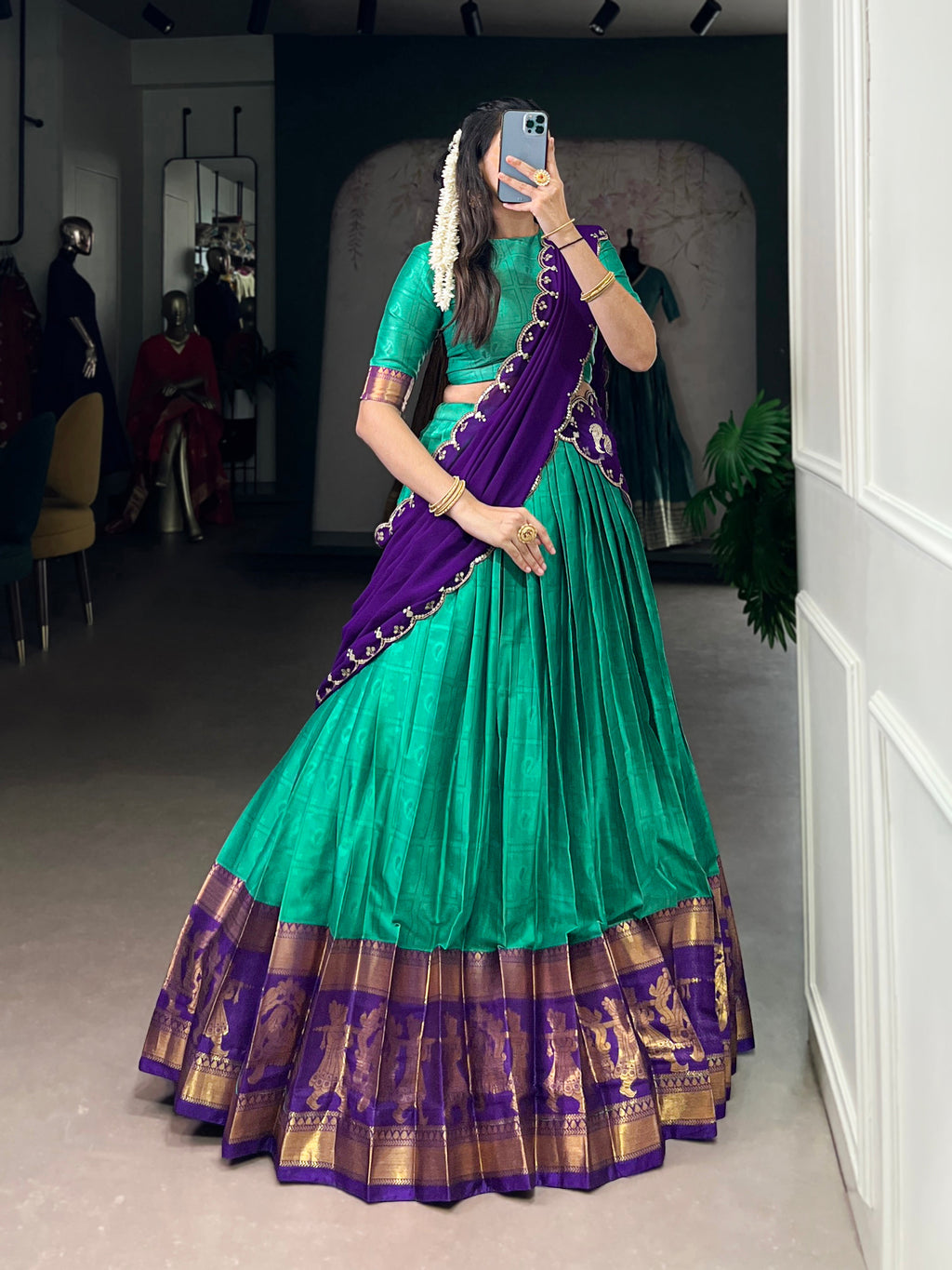 Niya sea green poly cotton half saree lehenga with zari weaving
