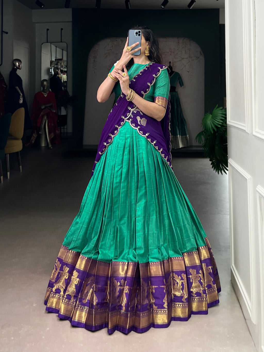 Niya sea green poly cotton half saree lehenga with zari weaving