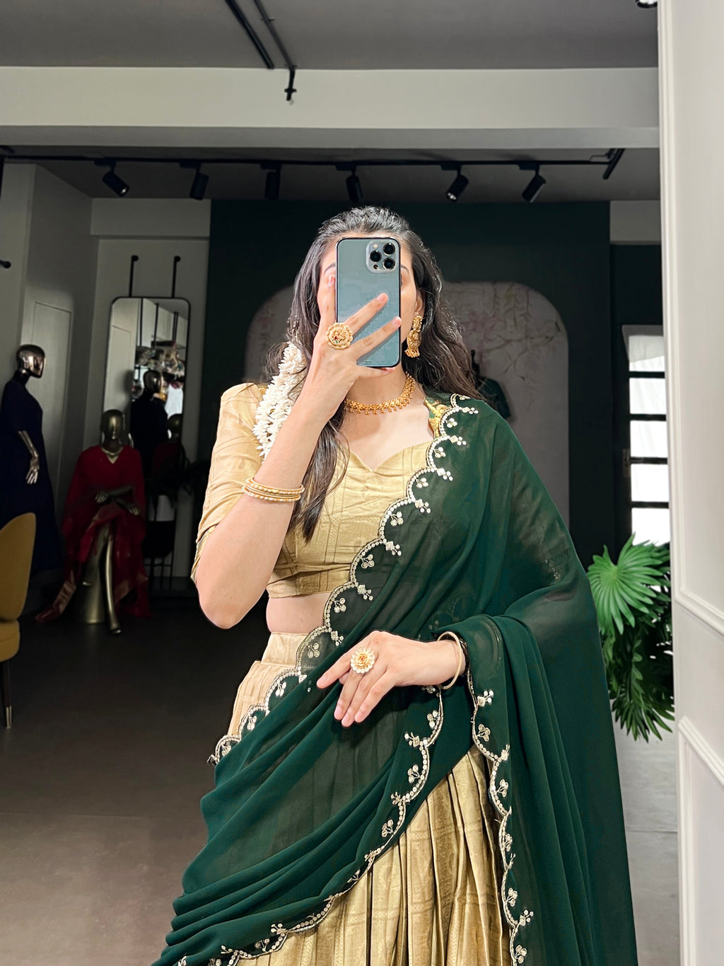 Niya cream poly cotton half saree lehenga with zari weaving