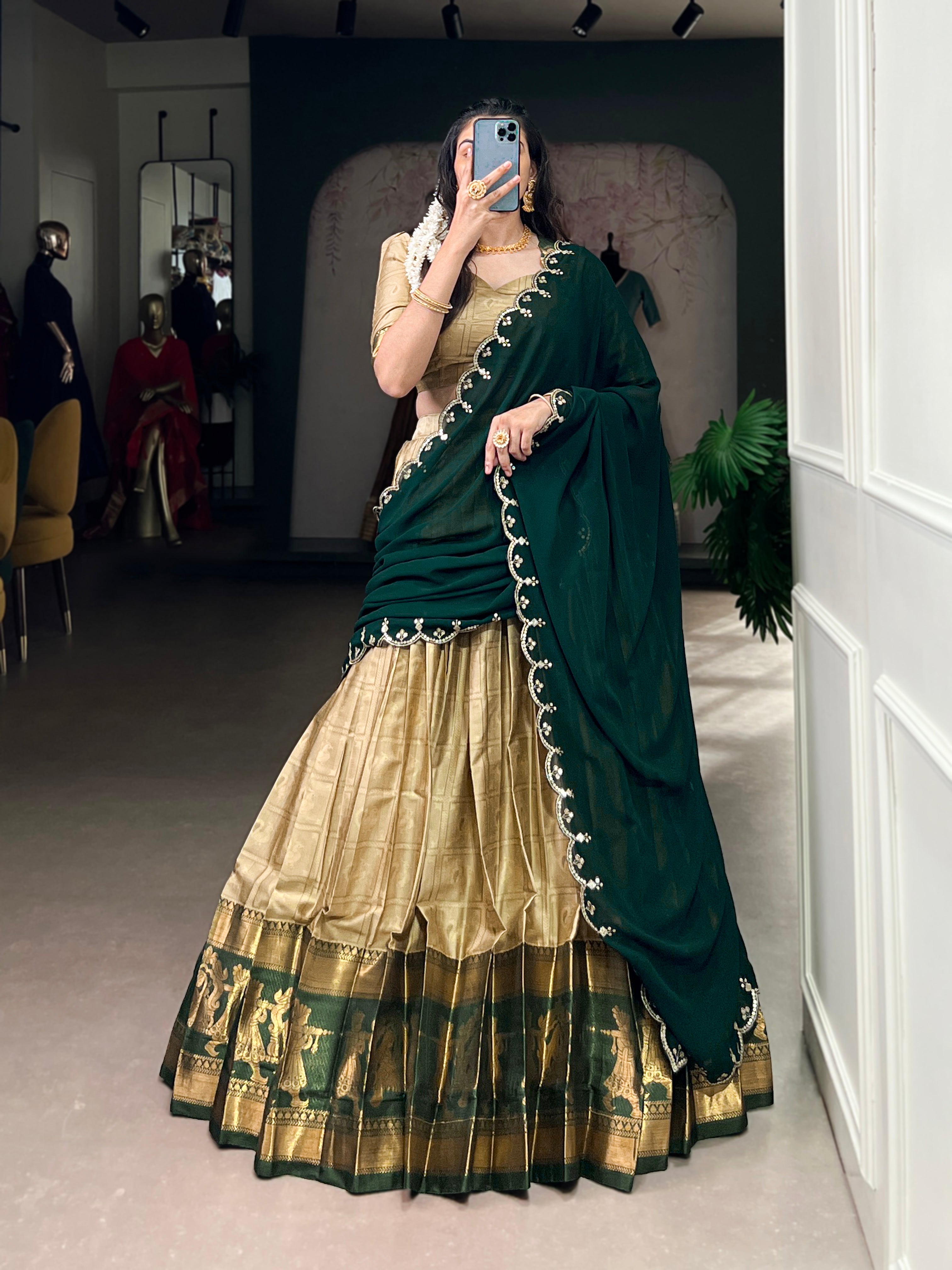 Niya cream poly cotton half saree lehenga with zari weaving