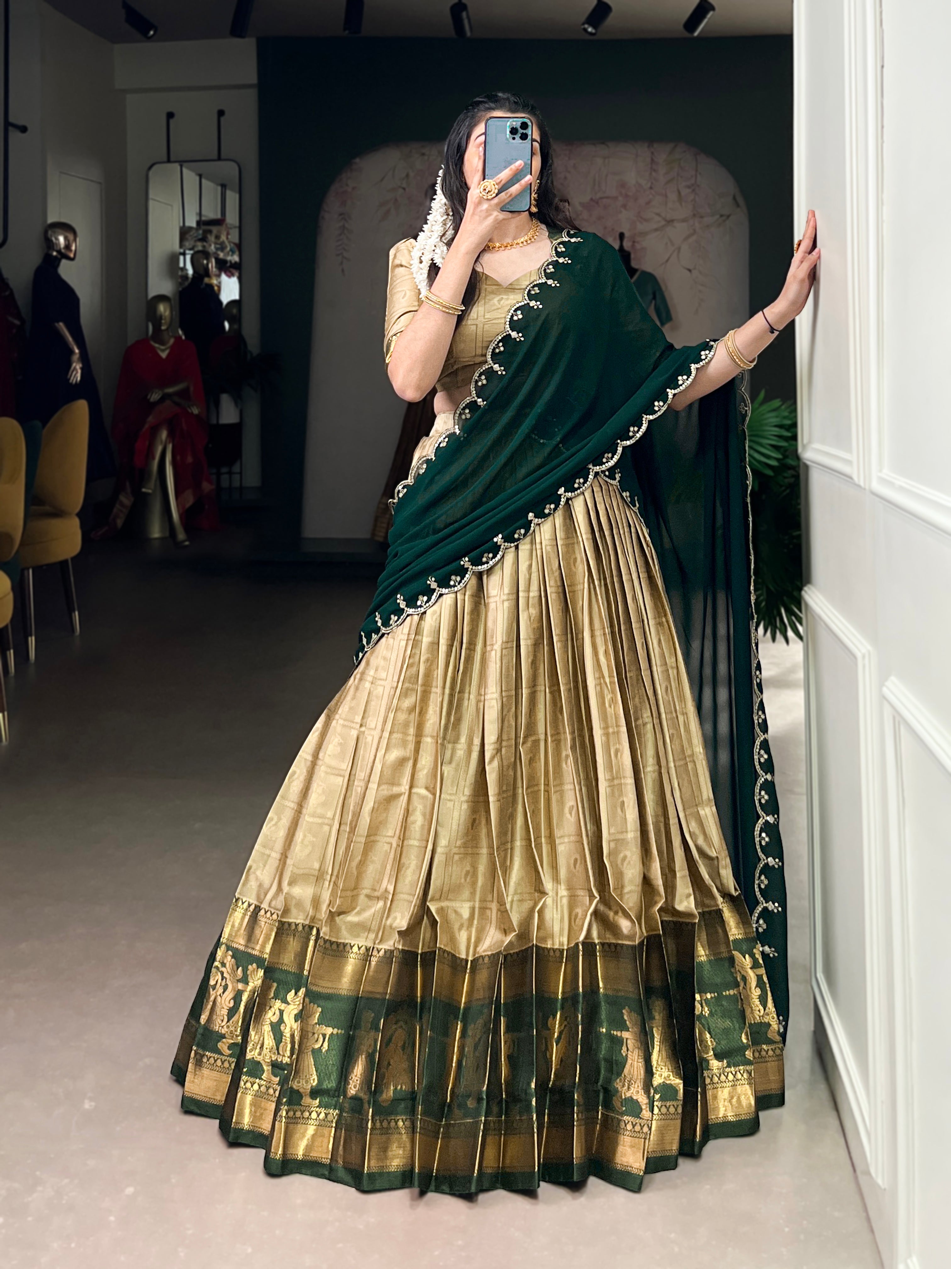 Niya cream poly cotton half saree lehenga with zari weaving