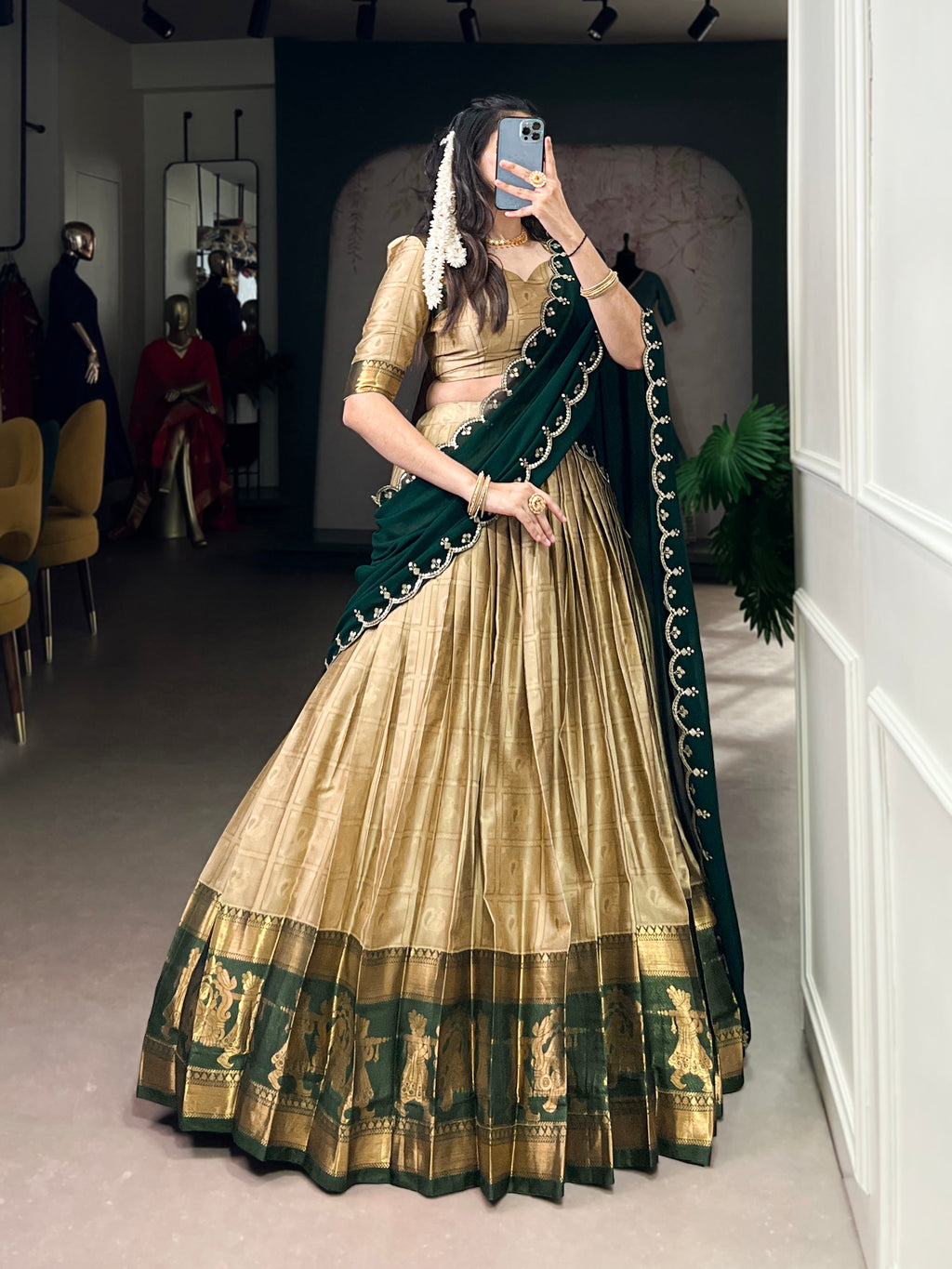 Niya cream poly cotton half saree lehenga with zari weaving
