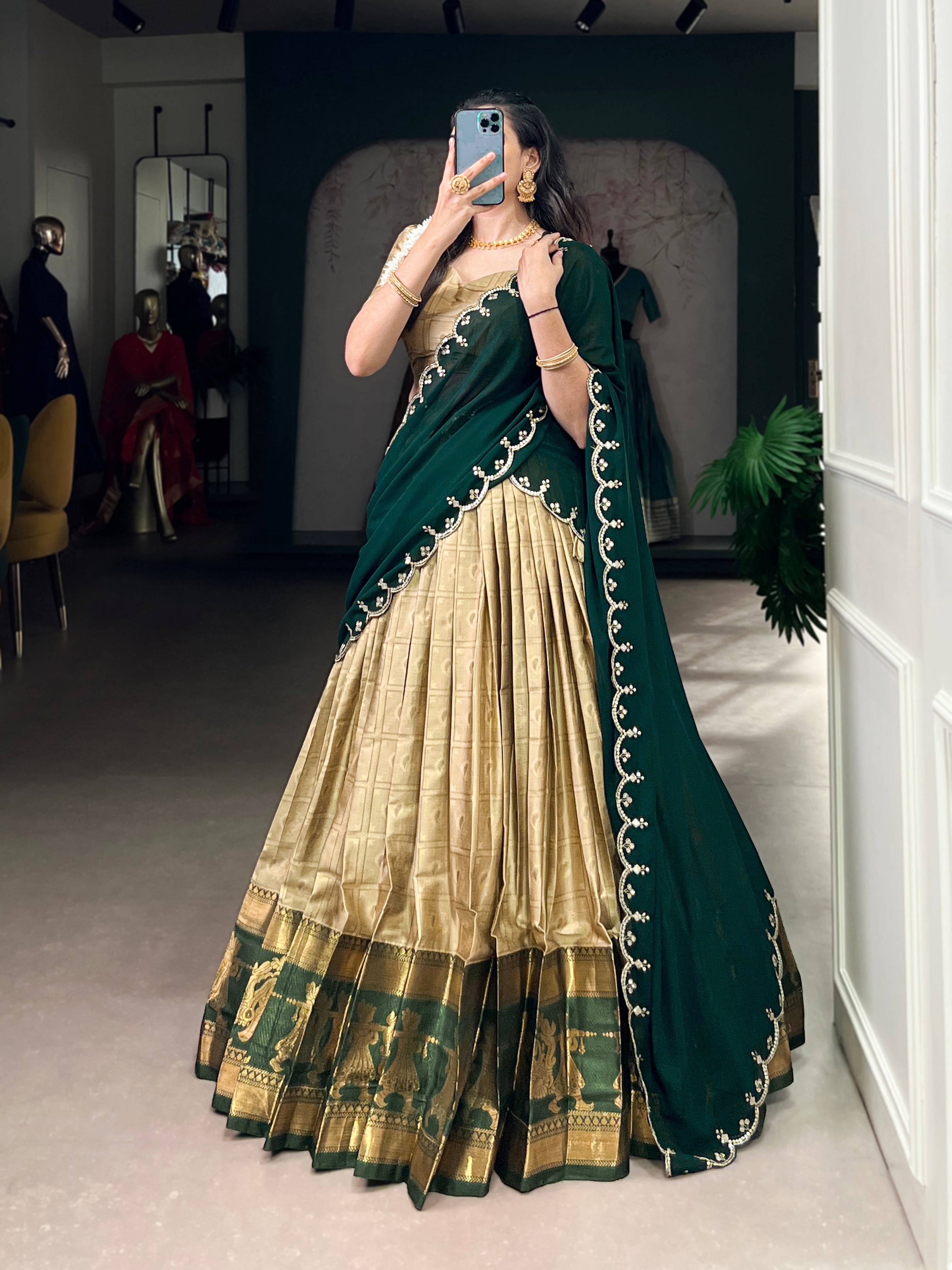 Niya cream poly cotton half saree lehenga with zari weaving