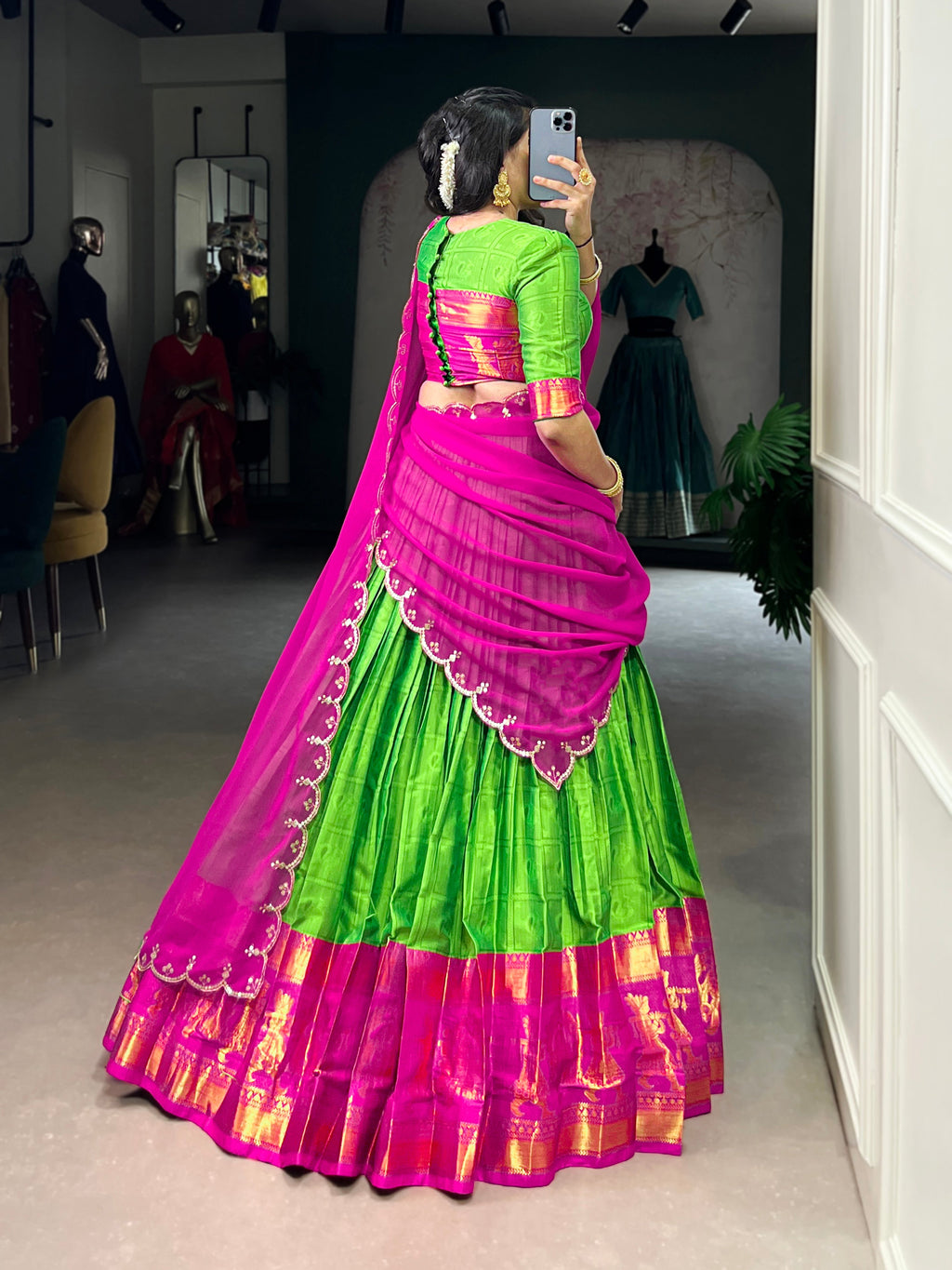 Niya parrot green poly cotton half saree lehenga with zari weaving