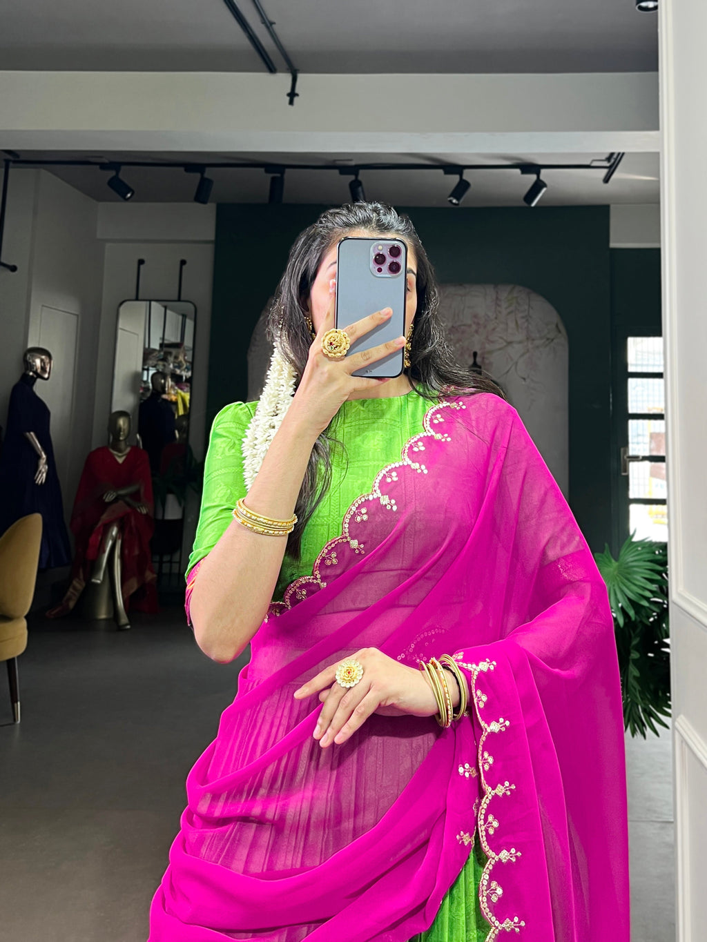 Niya parrot green poly cotton half saree lehenga with zari weaving