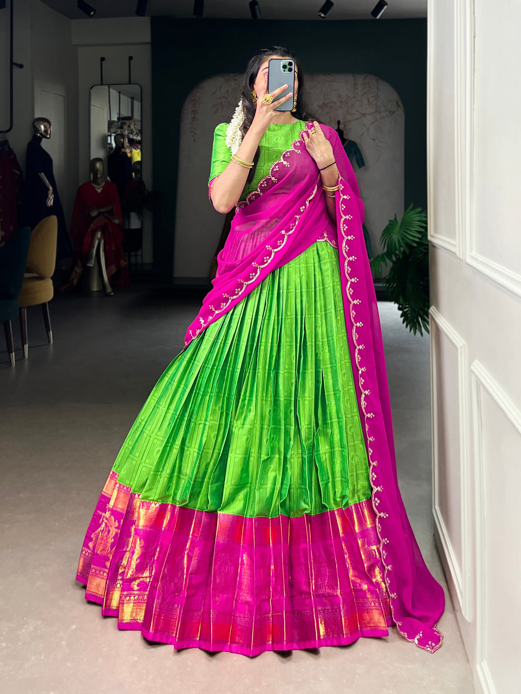 Niya parrot green poly cotton half saree lehenga with zari weaving