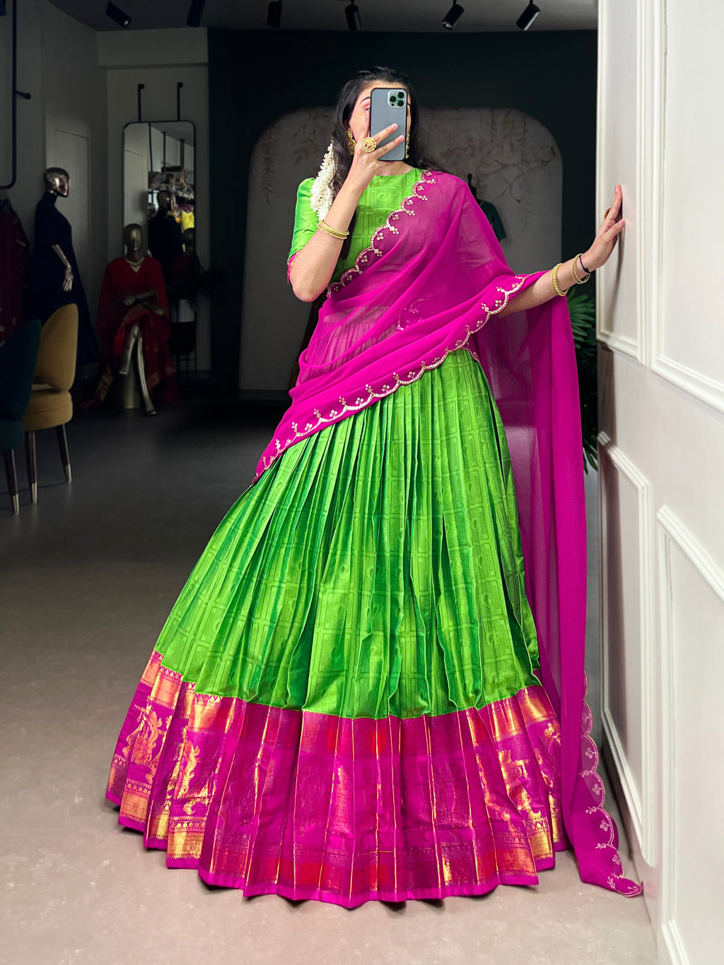Niya parrot green poly cotton half saree lehenga with zari weaving