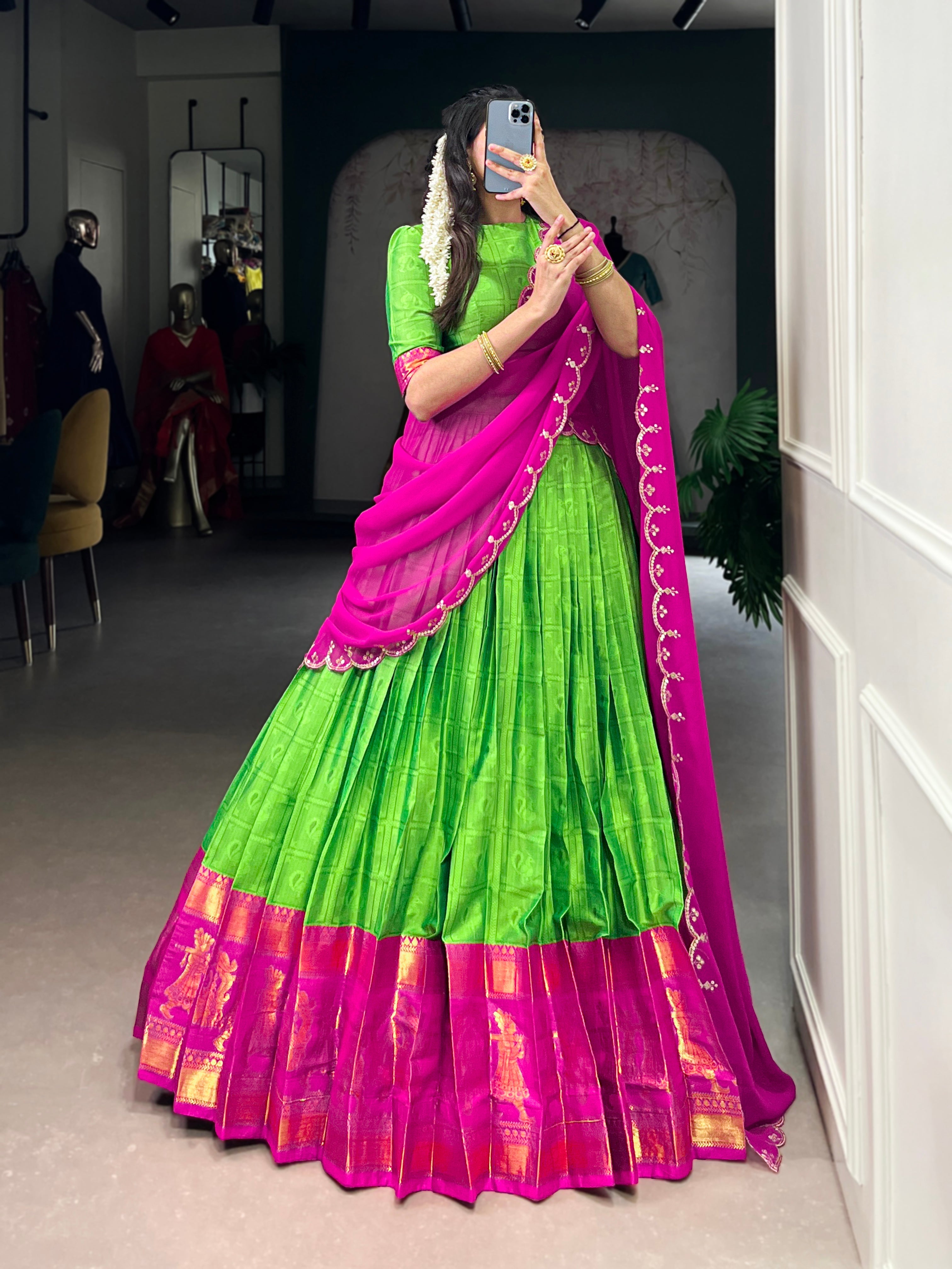 Niya parrot green poly cotton half saree lehenga with zari weaving