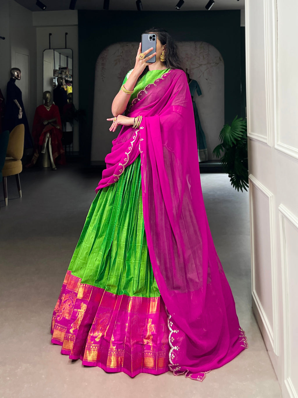 Niya parrot green poly cotton half saree lehenga with zari weaving