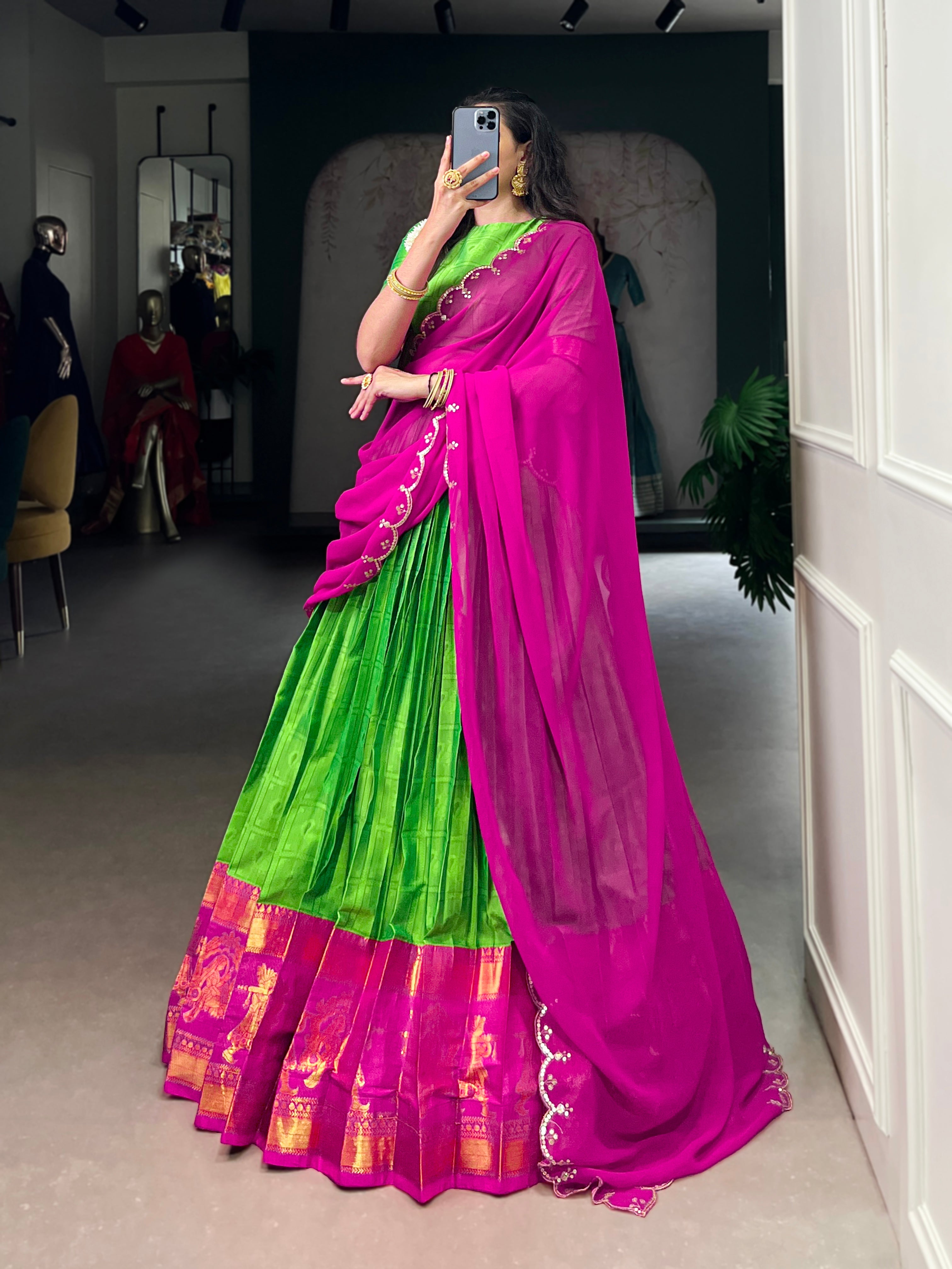 Niya parrot green poly cotton half saree lehenga with zari weaving