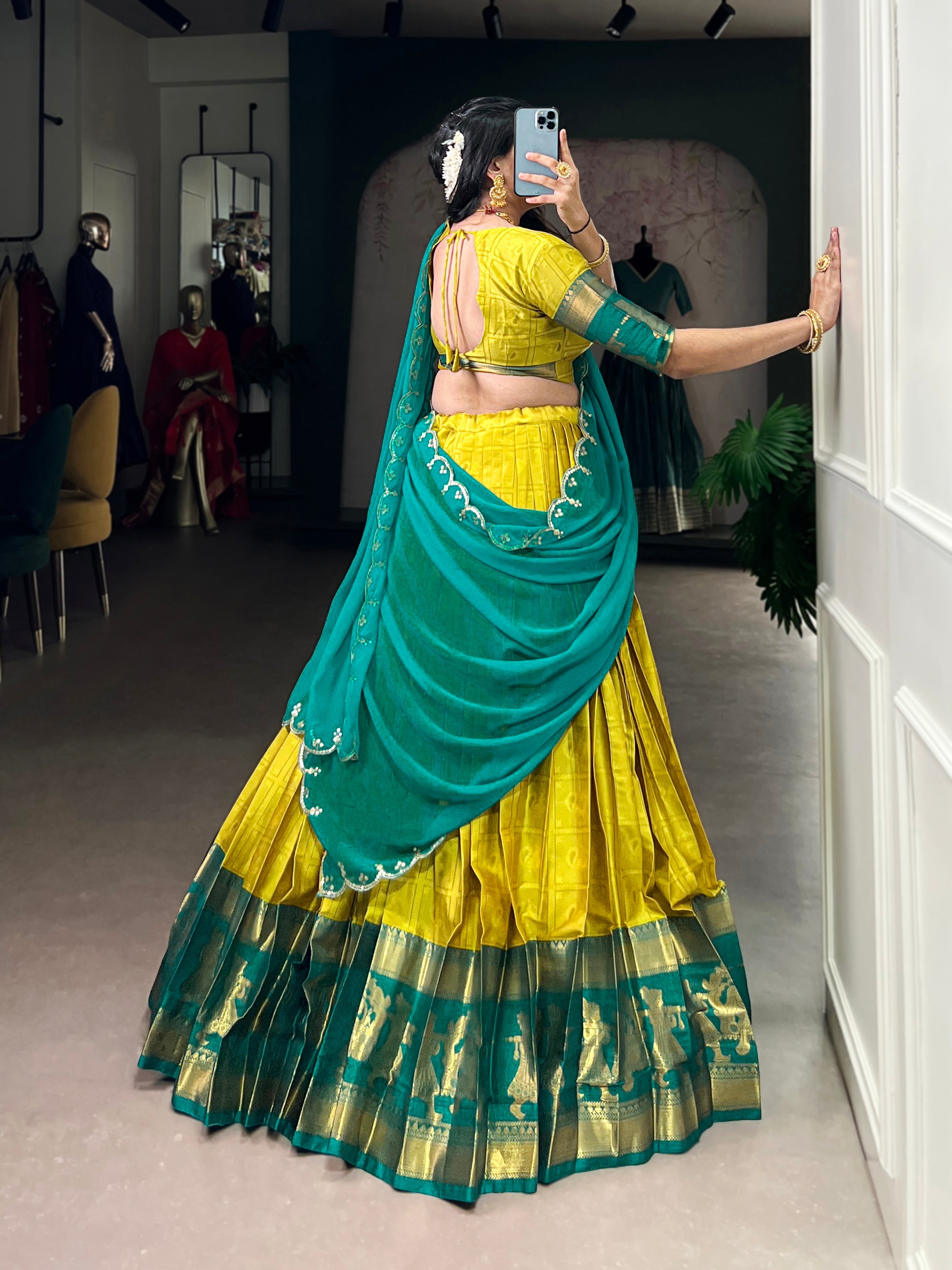 Niya yellow poly cotton half saree lehenga with zari weaving