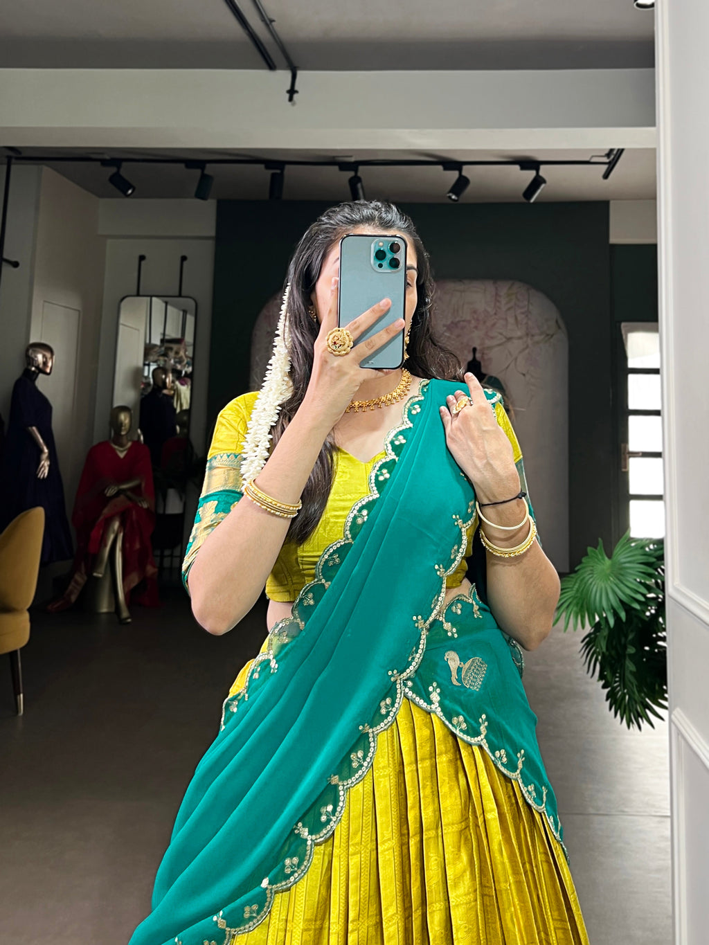 Niya yellow poly cotton half saree lehenga with zari weaving