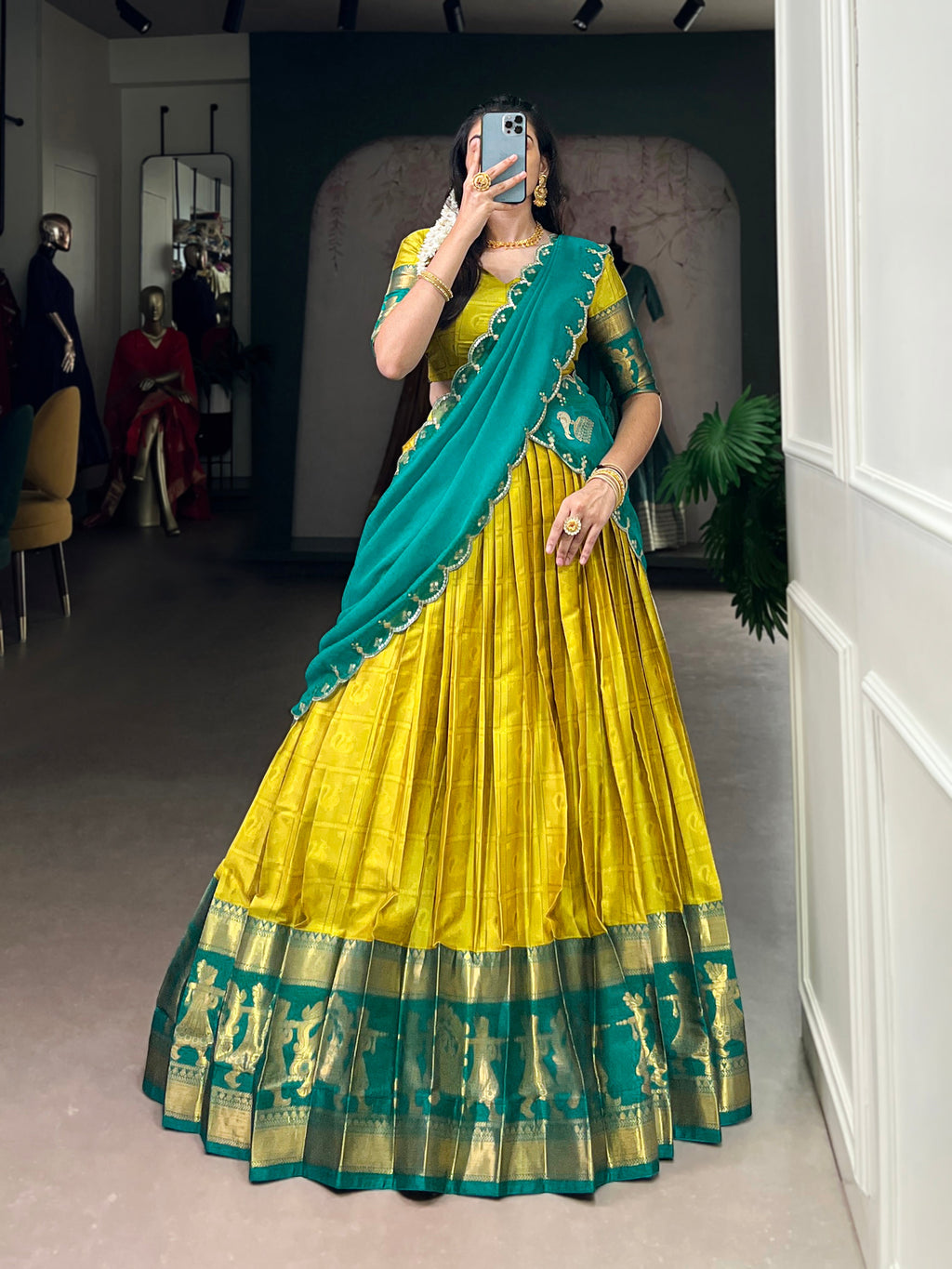 Niya yellow poly cotton half saree lehenga with zari weaving