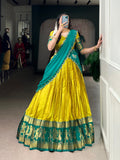 Niya yellow poly cotton half saree lehenga with zari weaving
