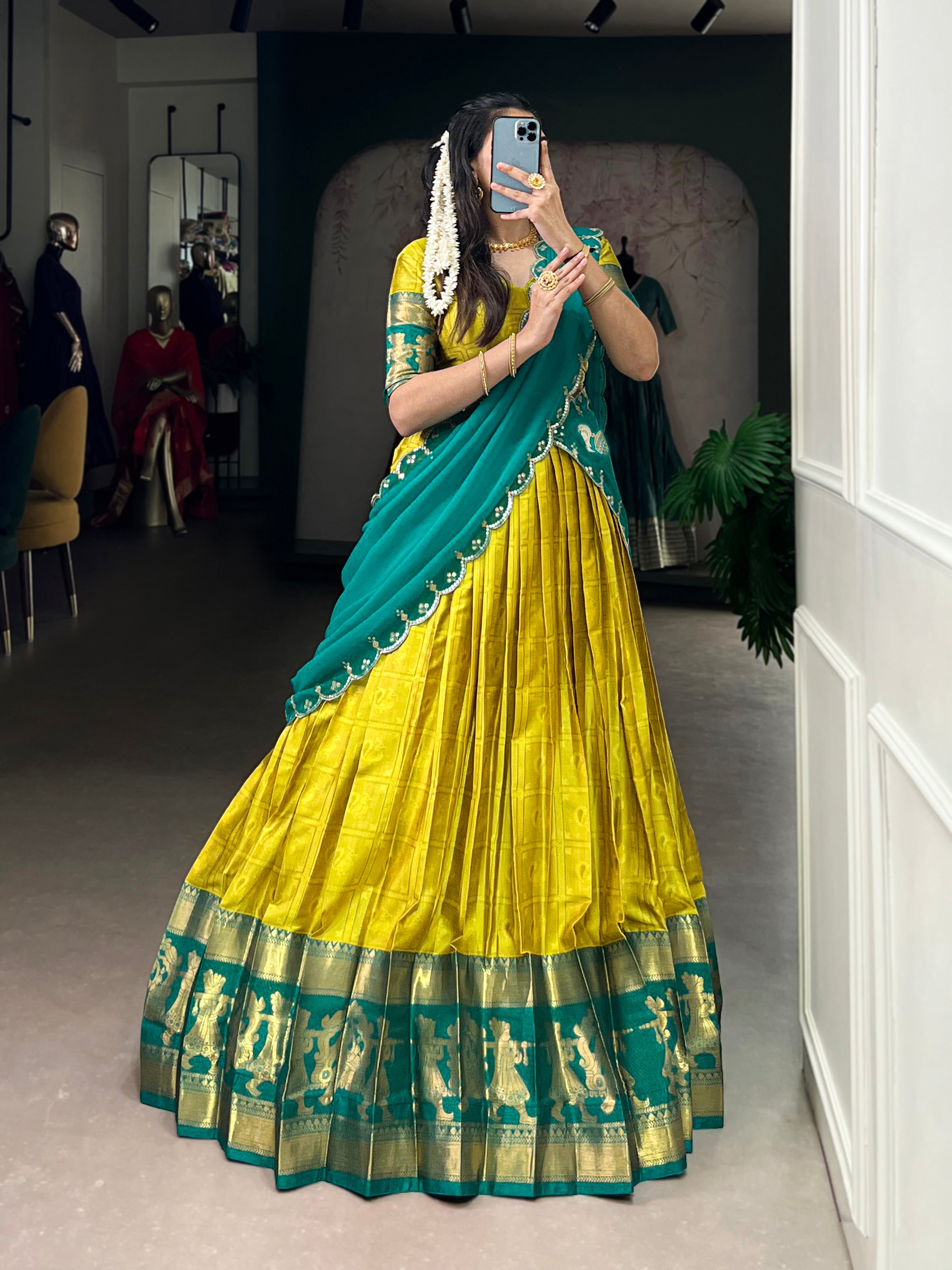 Niya yellow poly cotton half saree lehenga with zari weaving
