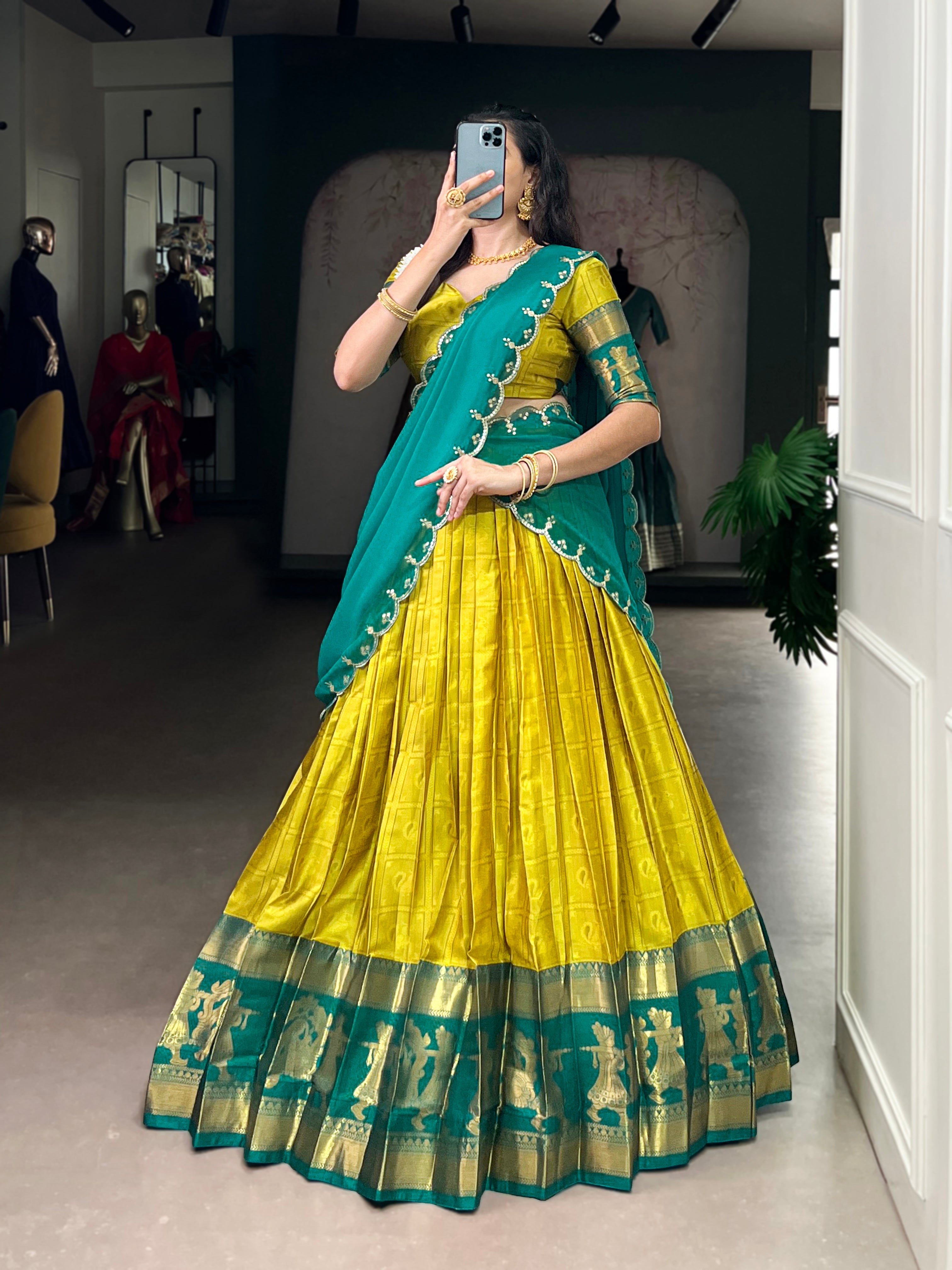 Niya yellow poly cotton half saree lehenga with zari weaving