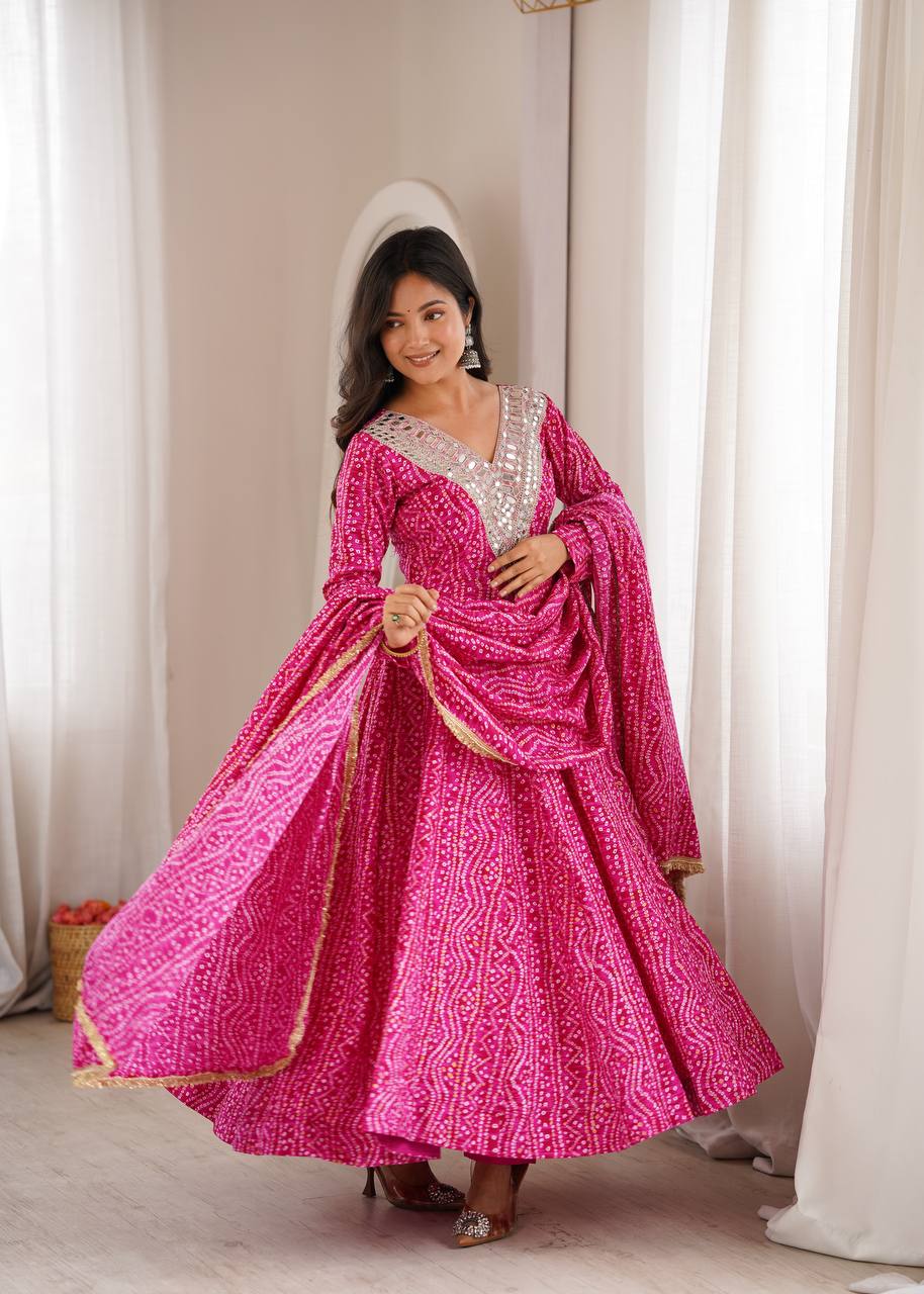 Bandhani Mirror Embroidered Gown Set