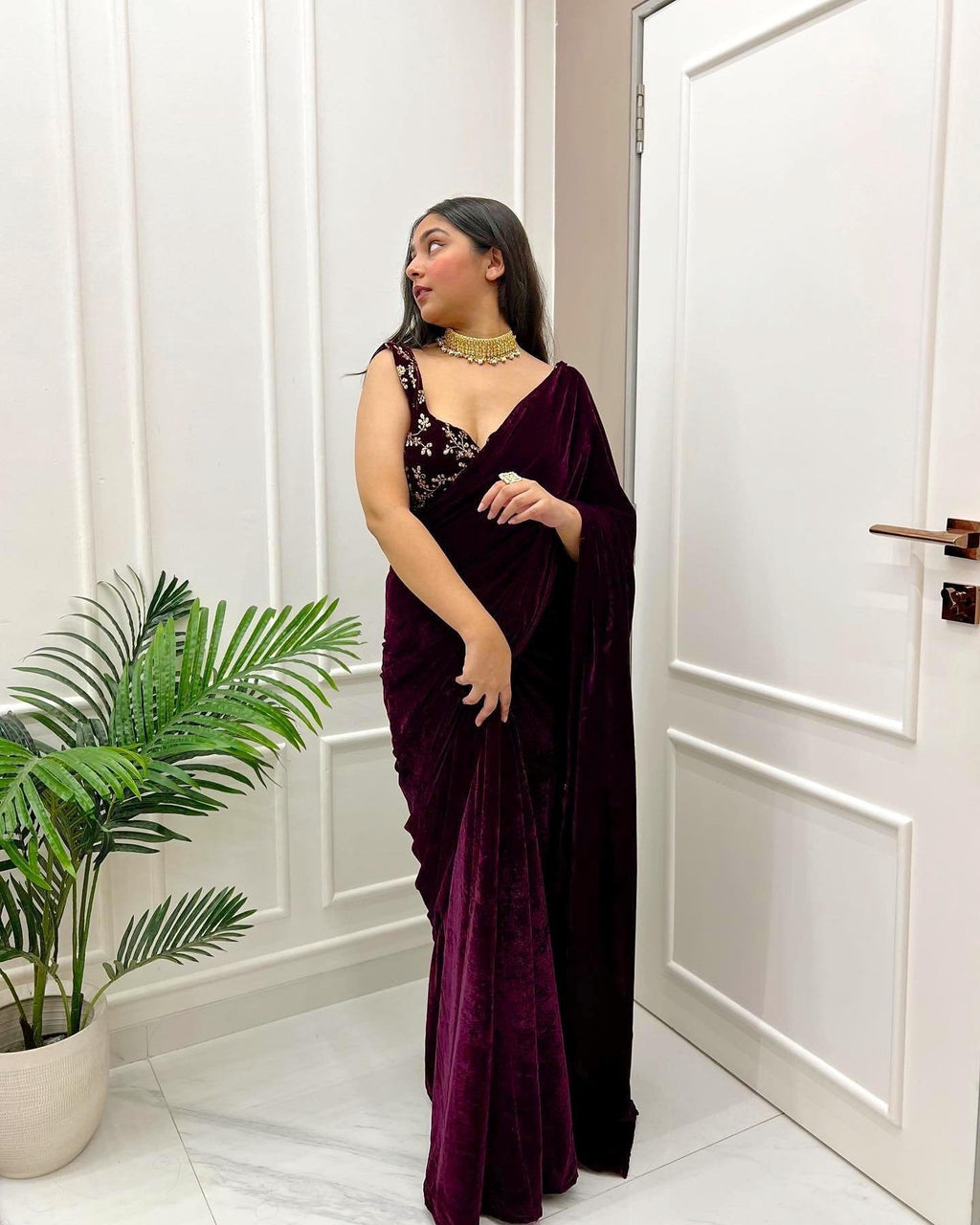 Vino velvet elegance wine colored saree
