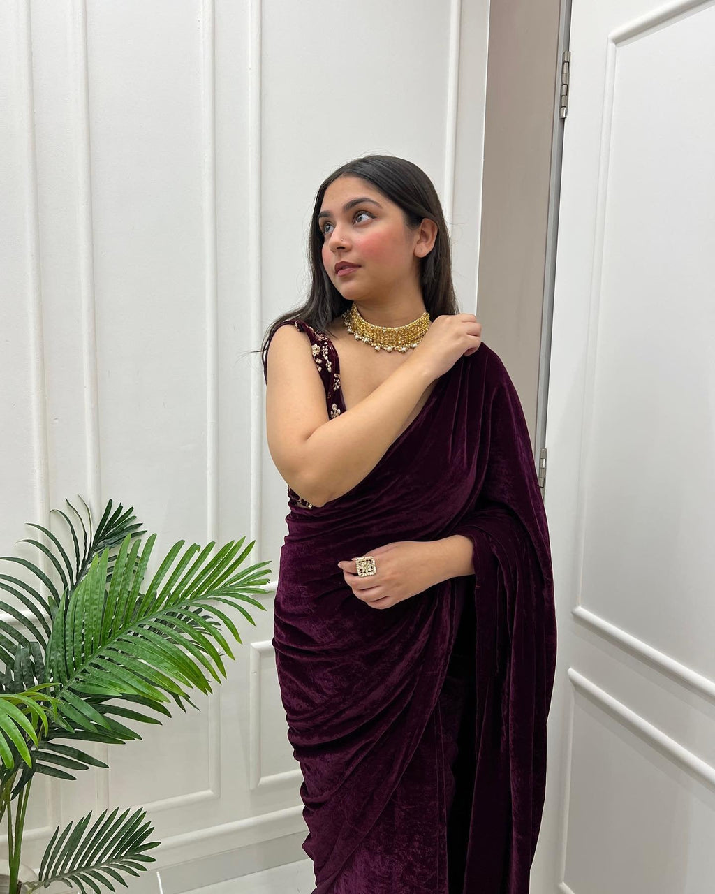 Vino velvet elegance wine colored saree