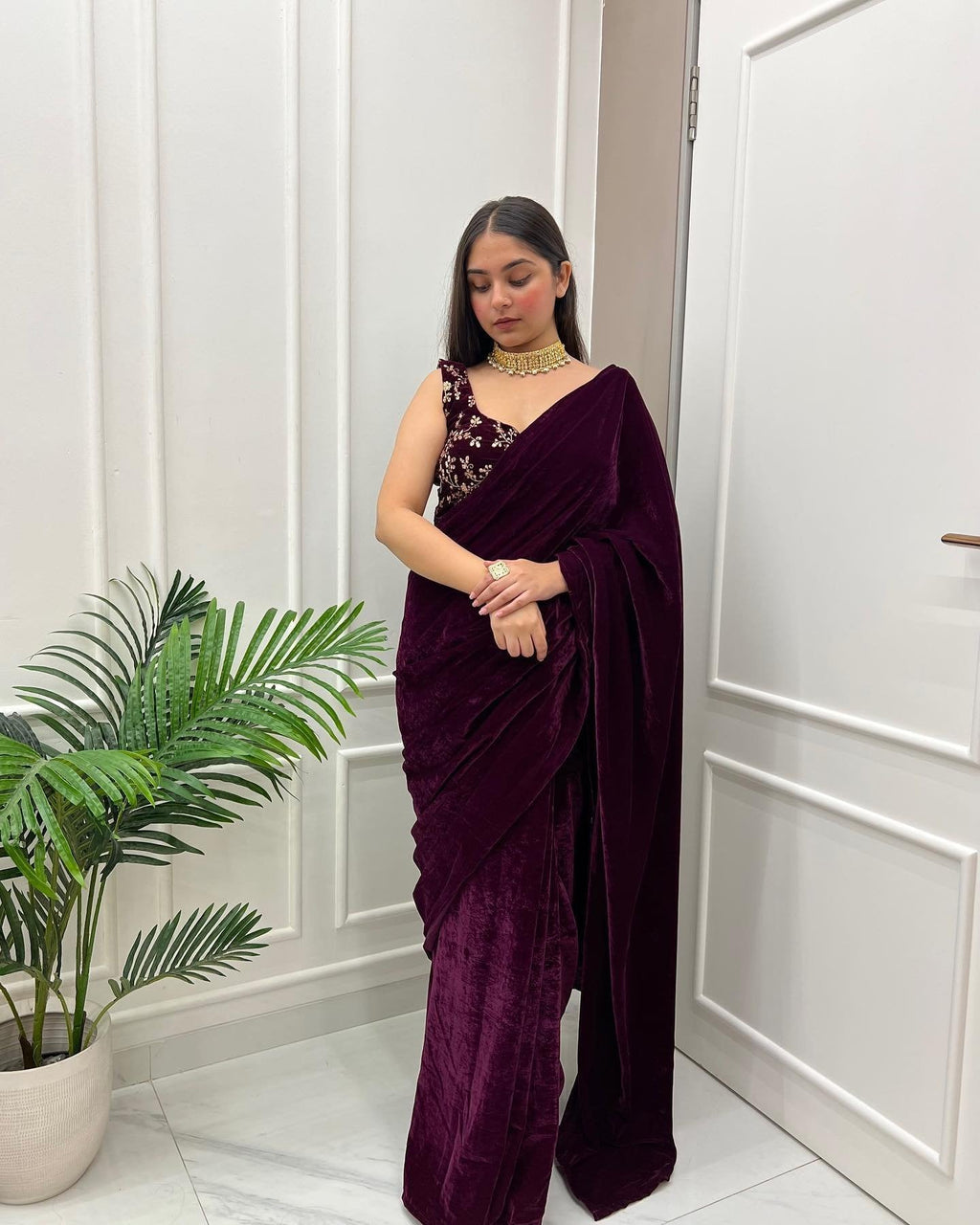 Vino velvet elegance wine colored saree