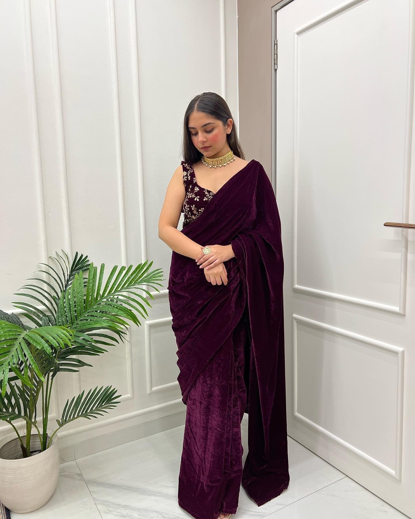 Vino velvet elegance wine colored saree