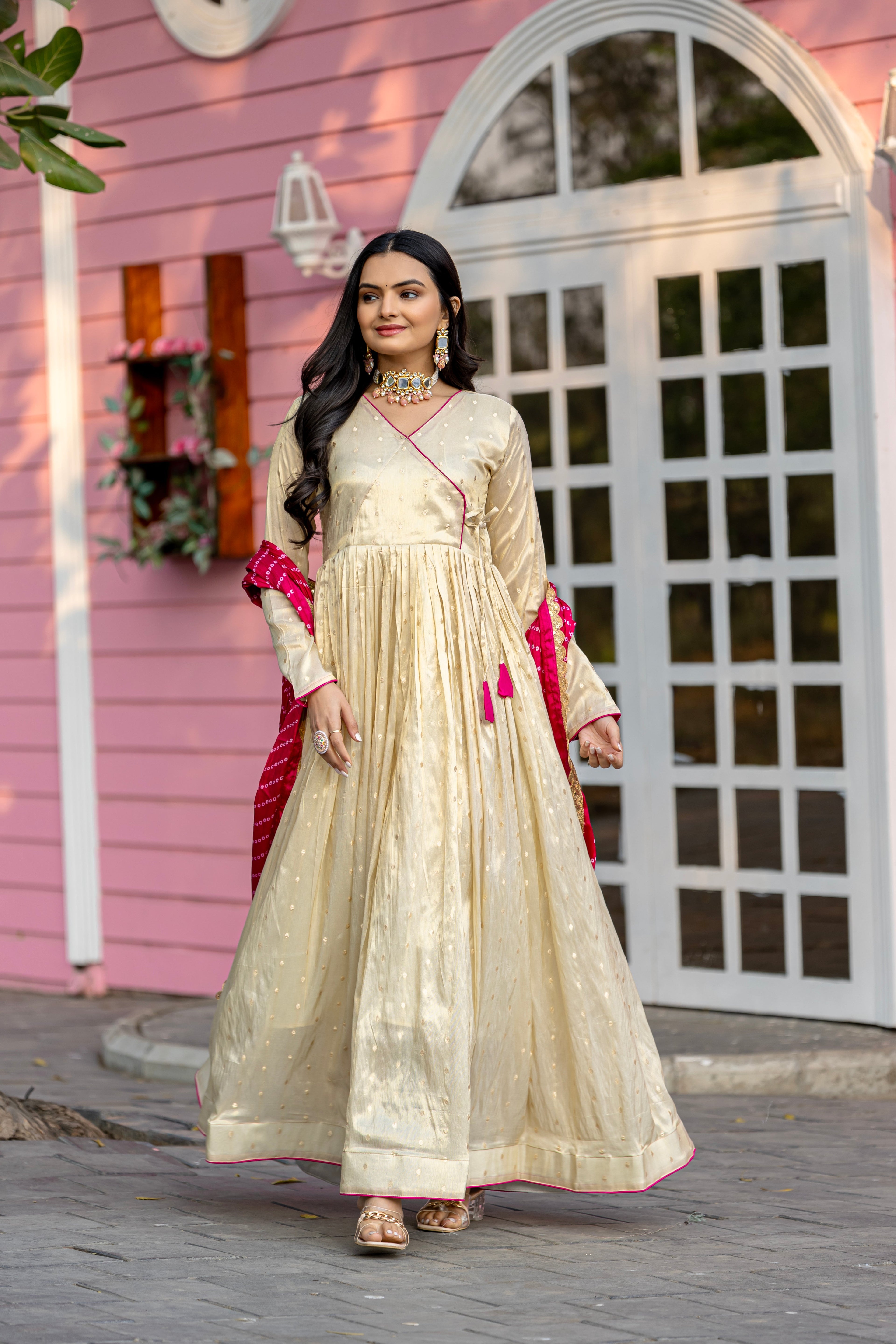 Cream jacquard butti gown with digital printed chinon dupatta