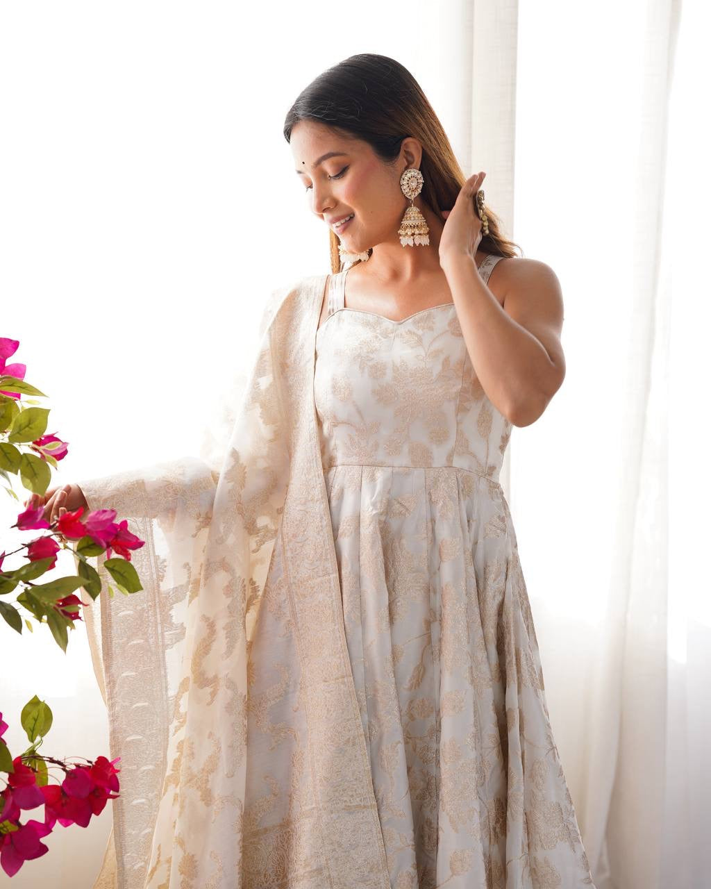 Ivory Bloom Banarasi Anarkali Set